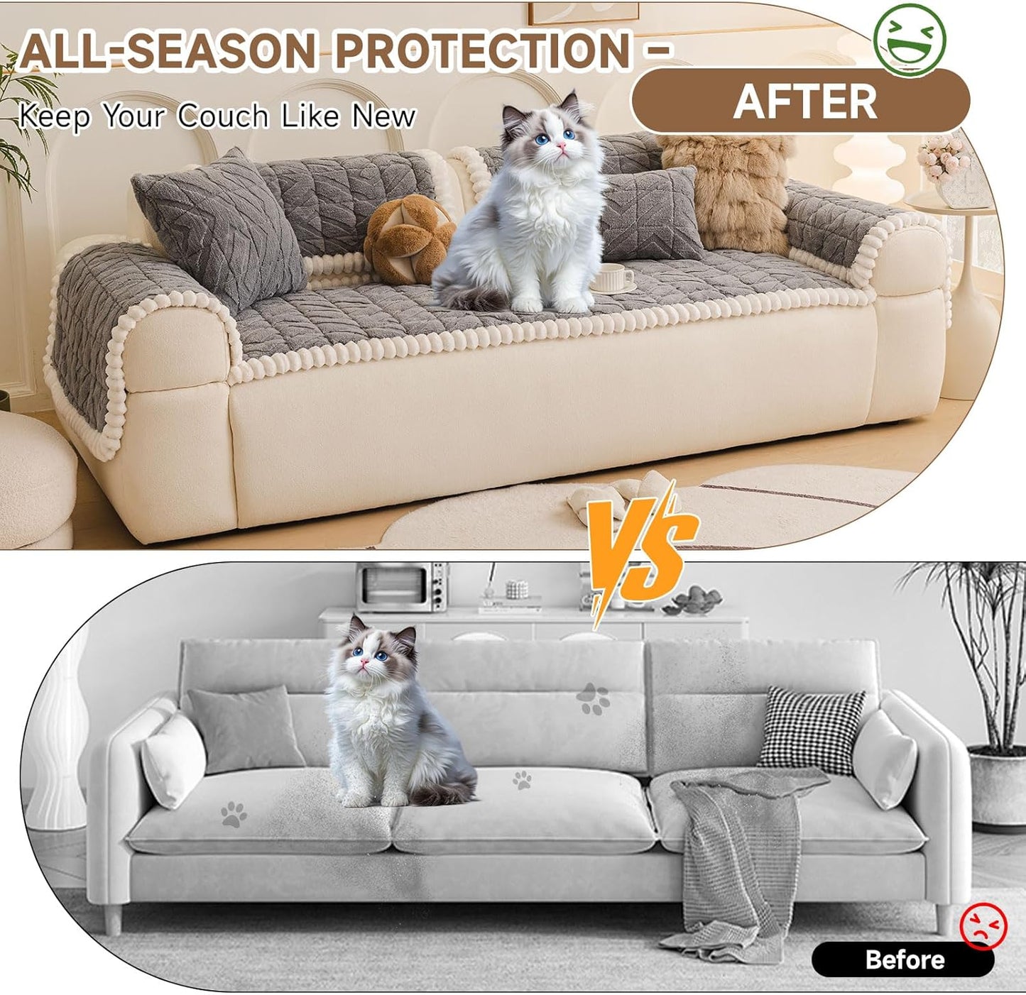 OTOB Pet Couch Covers for 3 Cushion Couch Sofa, Washable & Non Slip Fuzzy Plush Sofa Cushion