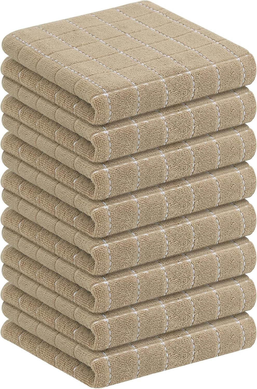 Homaxy 100% Cotton Terry Kitchen Towels(Tan, 13 x 28 inches), Checkered Designed, Soft and Super