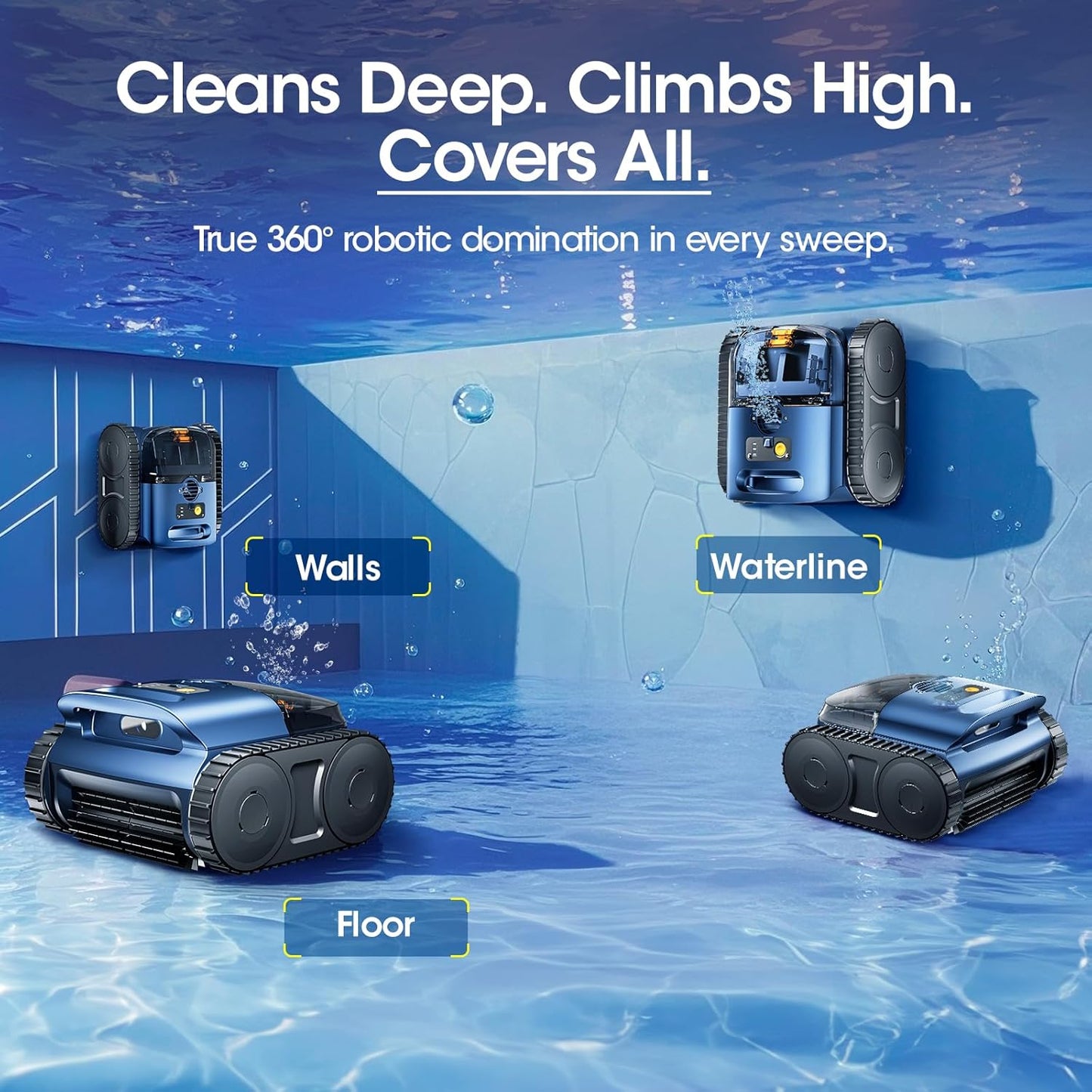 Cordless Robotic Pool Vacuum, Pool Cleaner with Track Drive & Sonar Navigation, 180W Brushless