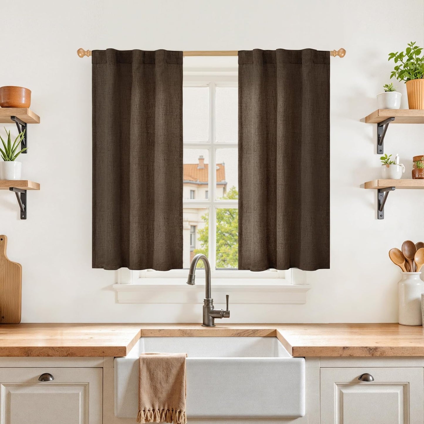 YoungsTex Brown Linen Curtains 40 Inch Length for Small Window, Chocolate Light Filtering Drapes