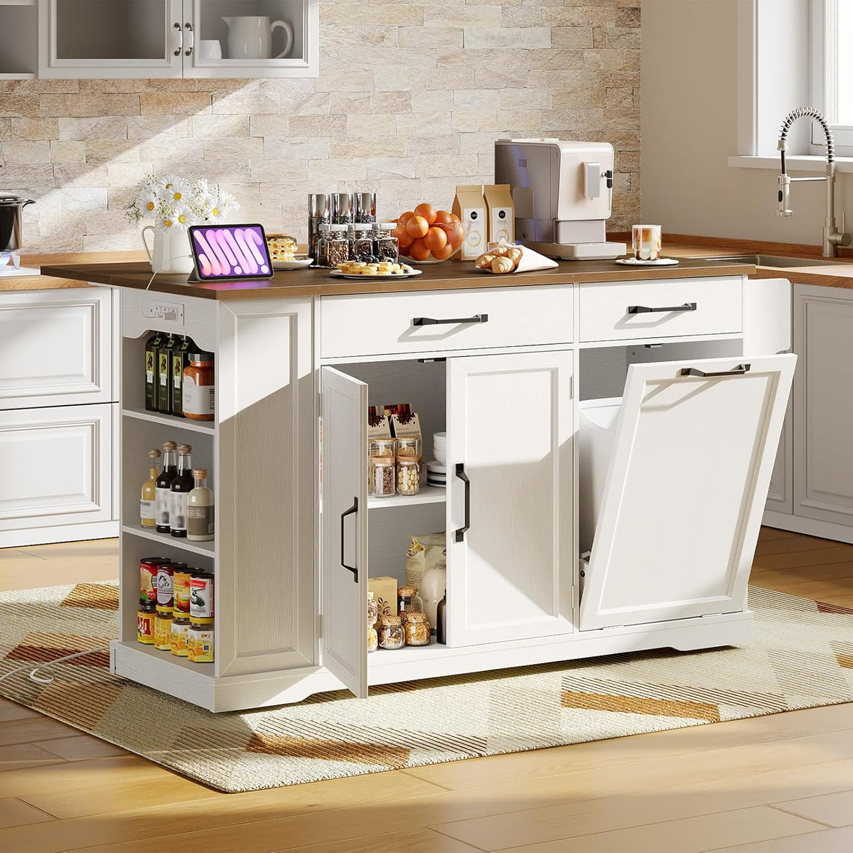 Kitchen Island with Power Outlet & Drop Leaf, Rolling Storage Cart with Trash Storage