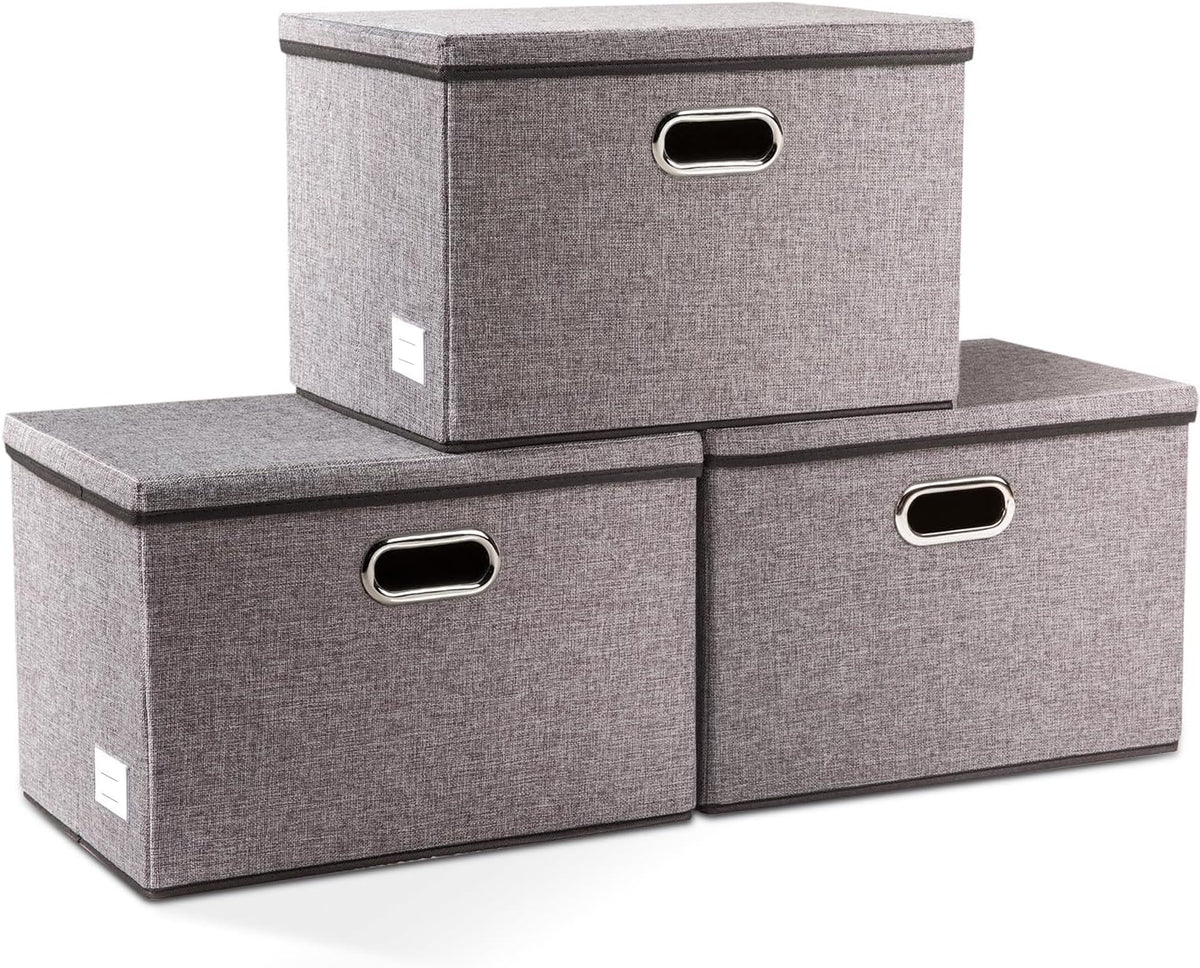 PRANDOM Large Collapsible Storage Bins with Lids [3-Pack] Linen/Cotton Blend Foldable Storage Boxes