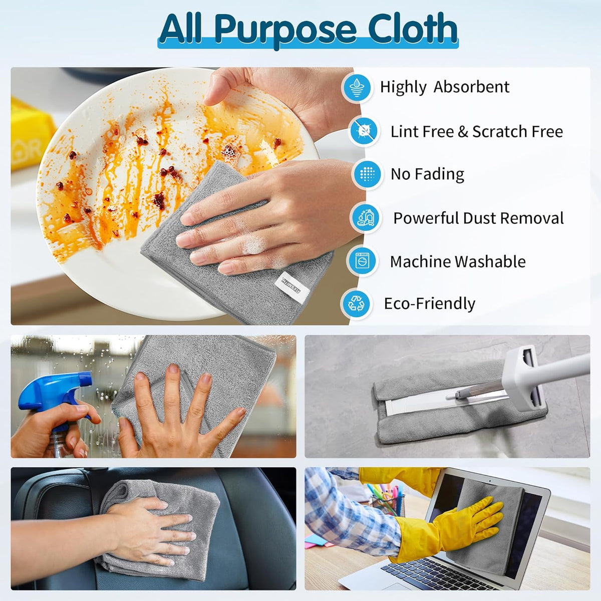 FIXSMITH Grey Microfiber Cleaning Cloth -Pack of 12, Highly Absorbent Cleaning Rags, 16"X12" All