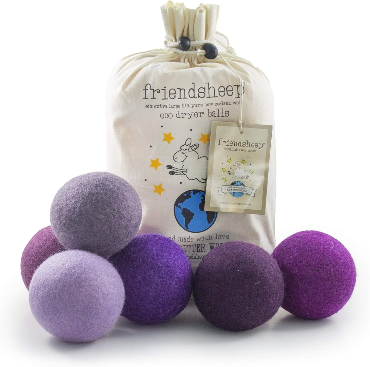 Friendsheep Wool Dryer Balls Purple 6 Pack XL Organic Premium Reusable Cruelty Free Handmade Fair
