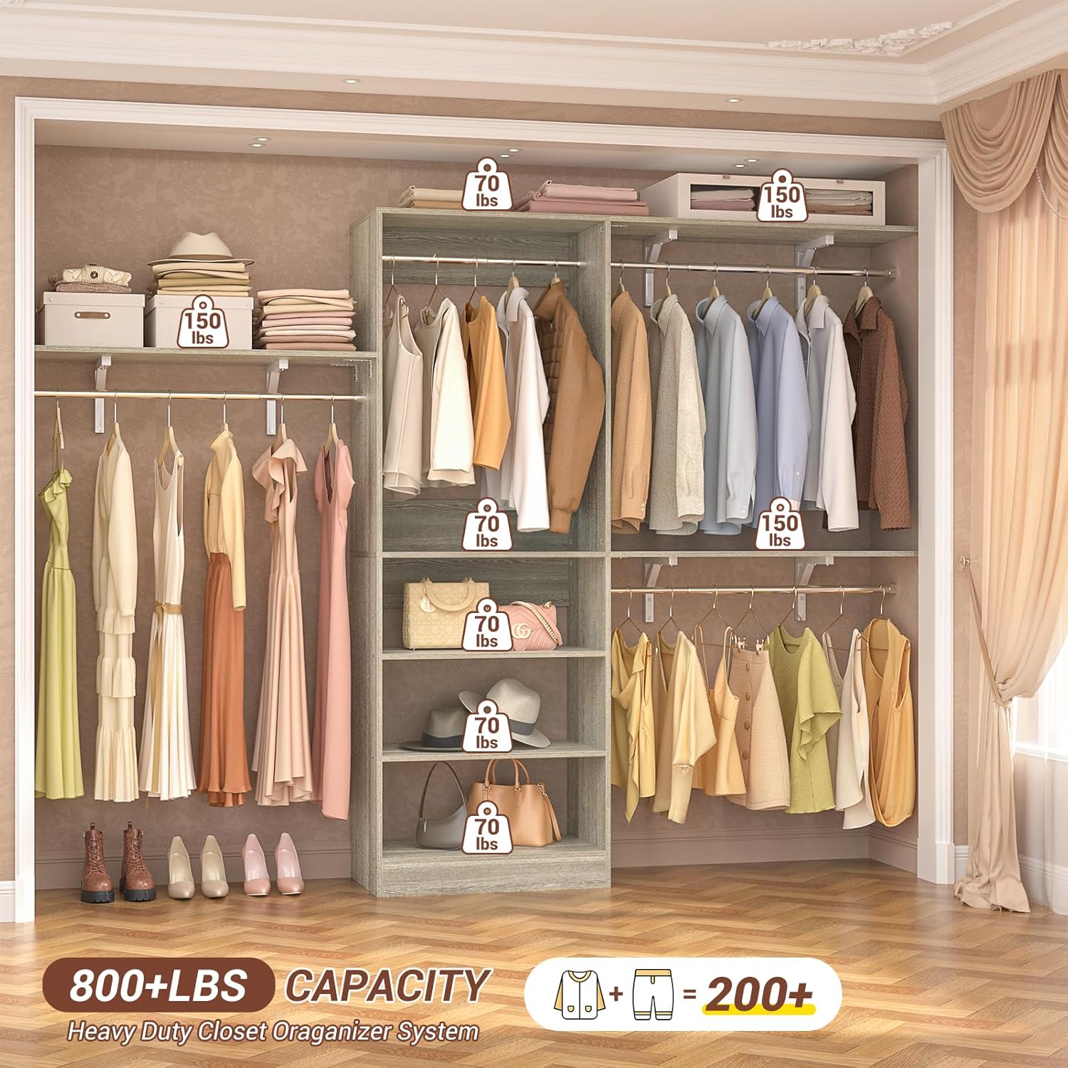 8FT Closet System with Shelves, 96'' Closet Organizer System with 3 Hanging Rods, Wall Mount