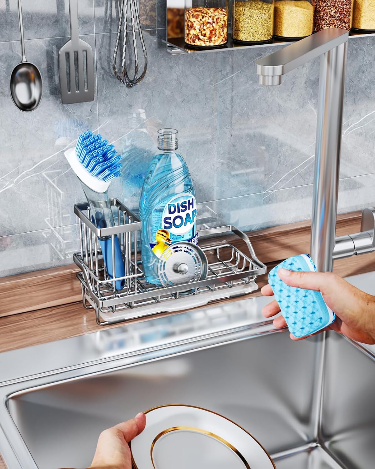 Consumest Sink Caddy, Kitchen Sponge Holder with Dish Brush Holder, Kitchen Organizer with Drip