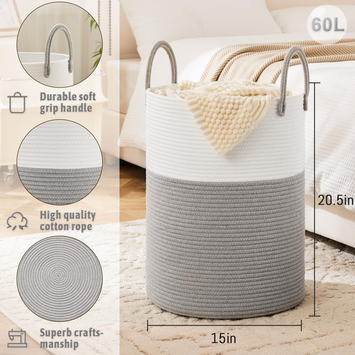 Laundry Basket,Woven Cotton Rope Laundry Hamper,60L for Decorative Storage of Dirty Clothes,Toys