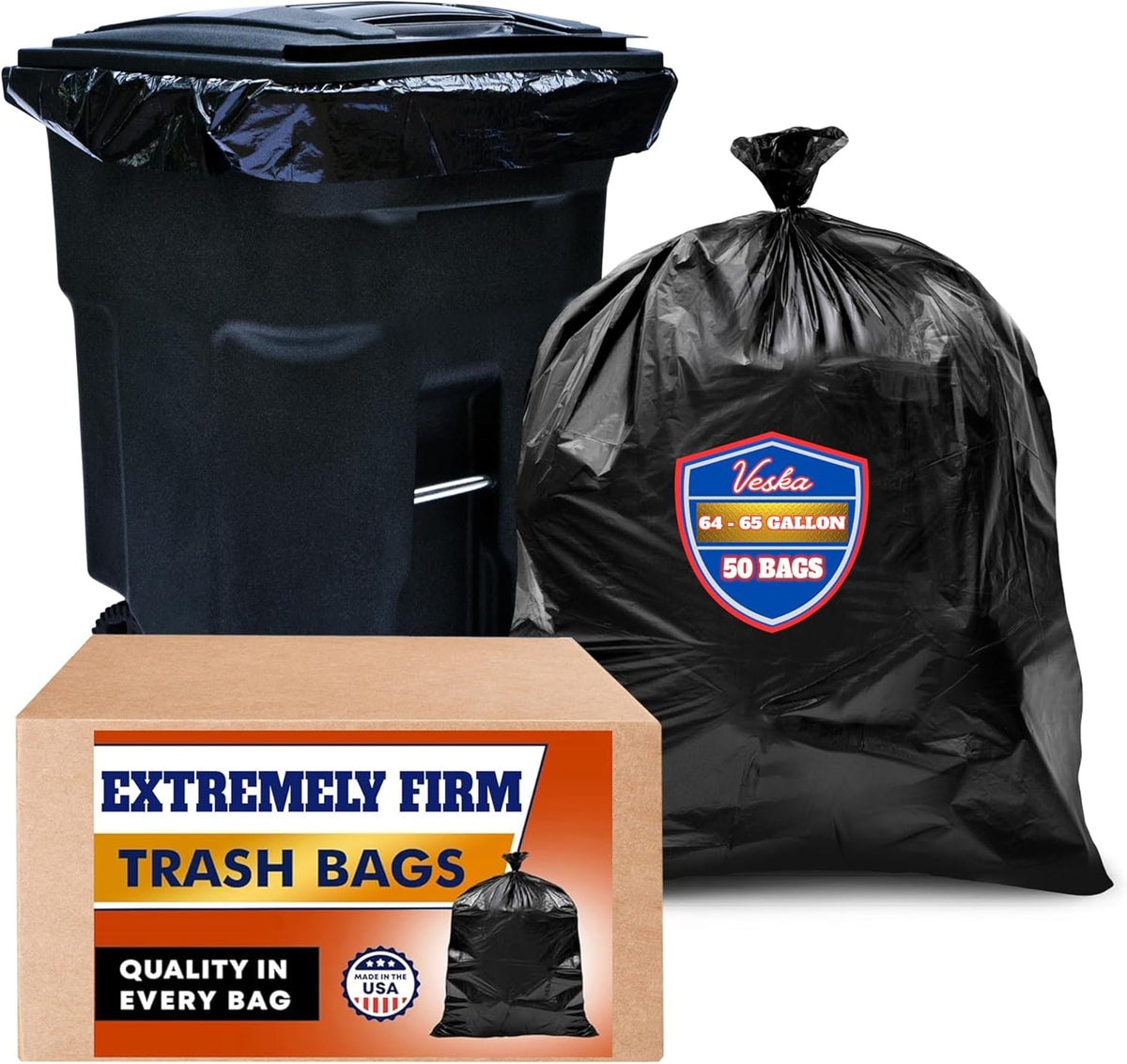 Veska 65 Gallon Trash Bags for Toter, (Value-Pack 50 Count w/Ties) Extra Large 64 Gallon Heavy