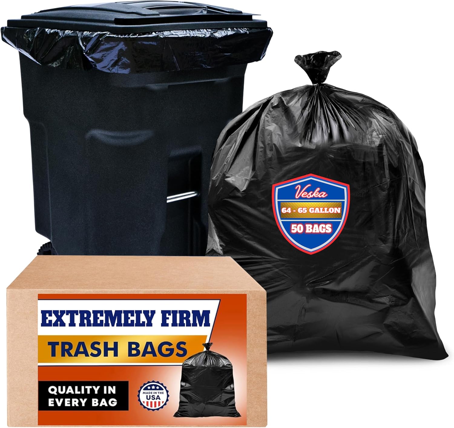Veska 65 Gallon Trash Bags for Toter, (Value-Pack 50 Count w/Ties) Extra Large 64 Gallon Heavy