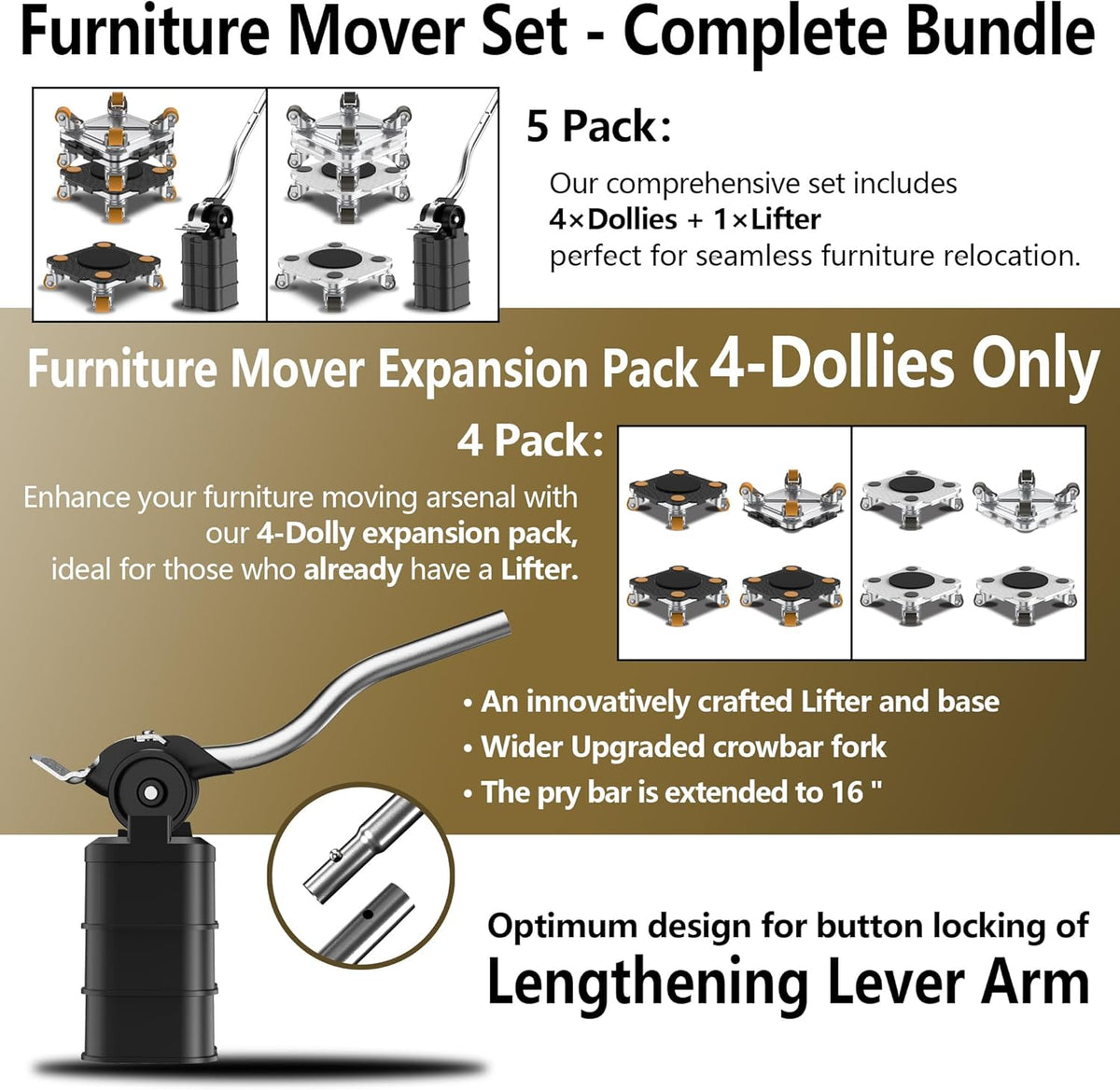 ONEON Furniture Mover Pro Set - Enhanced Dolly and Lifter with Custom TPE Wheels for Easy Furniture