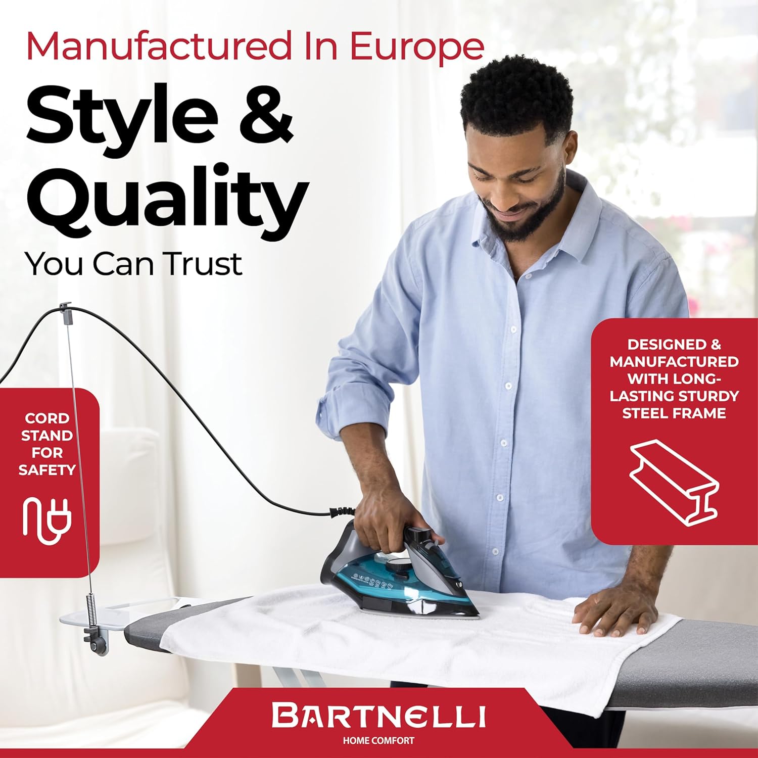 Bartnelli Extra Wide Pro Ironing Board 19x48 Ironing Surface with Iron Rest, Cord Holder, Shelf and