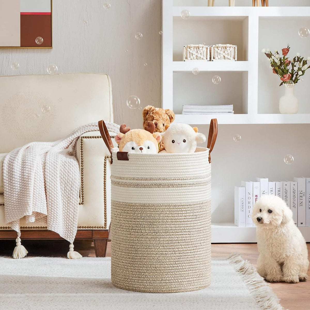 VIPOSCO Tall Laundry Basket, Large Dirty Clothes Hamper with Leather Handle, Woven Rope Storage