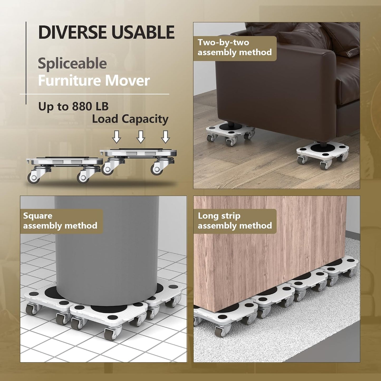 ONEON Furniture Mover Pro - 4Pack Enhanced Dollies with Custom TPE Wheels - Effortless Heavy