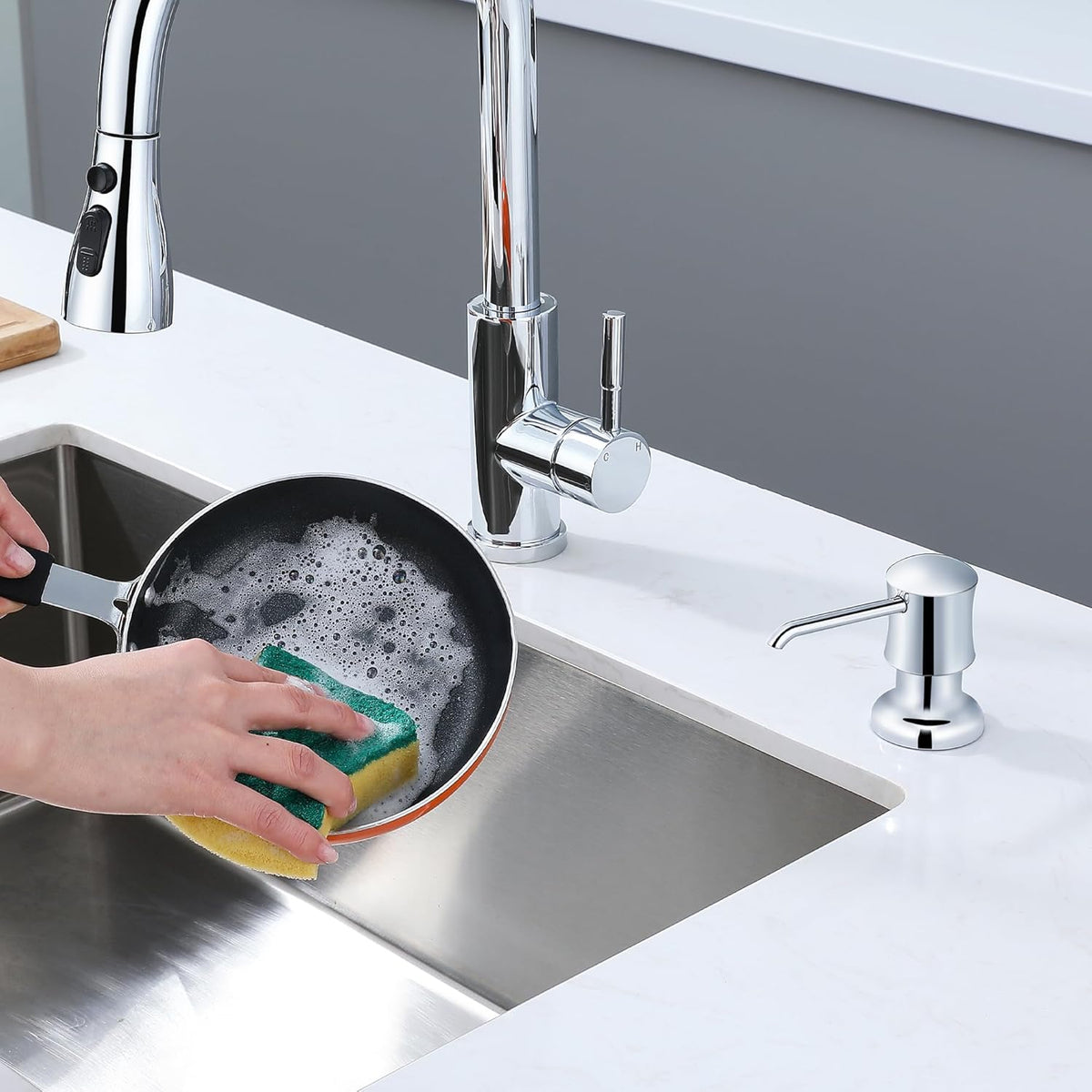 Soap Dispenser for Kitchen Sink Chrome Upgrade Built-in and Refill-from-Top Design with Liquid Hand