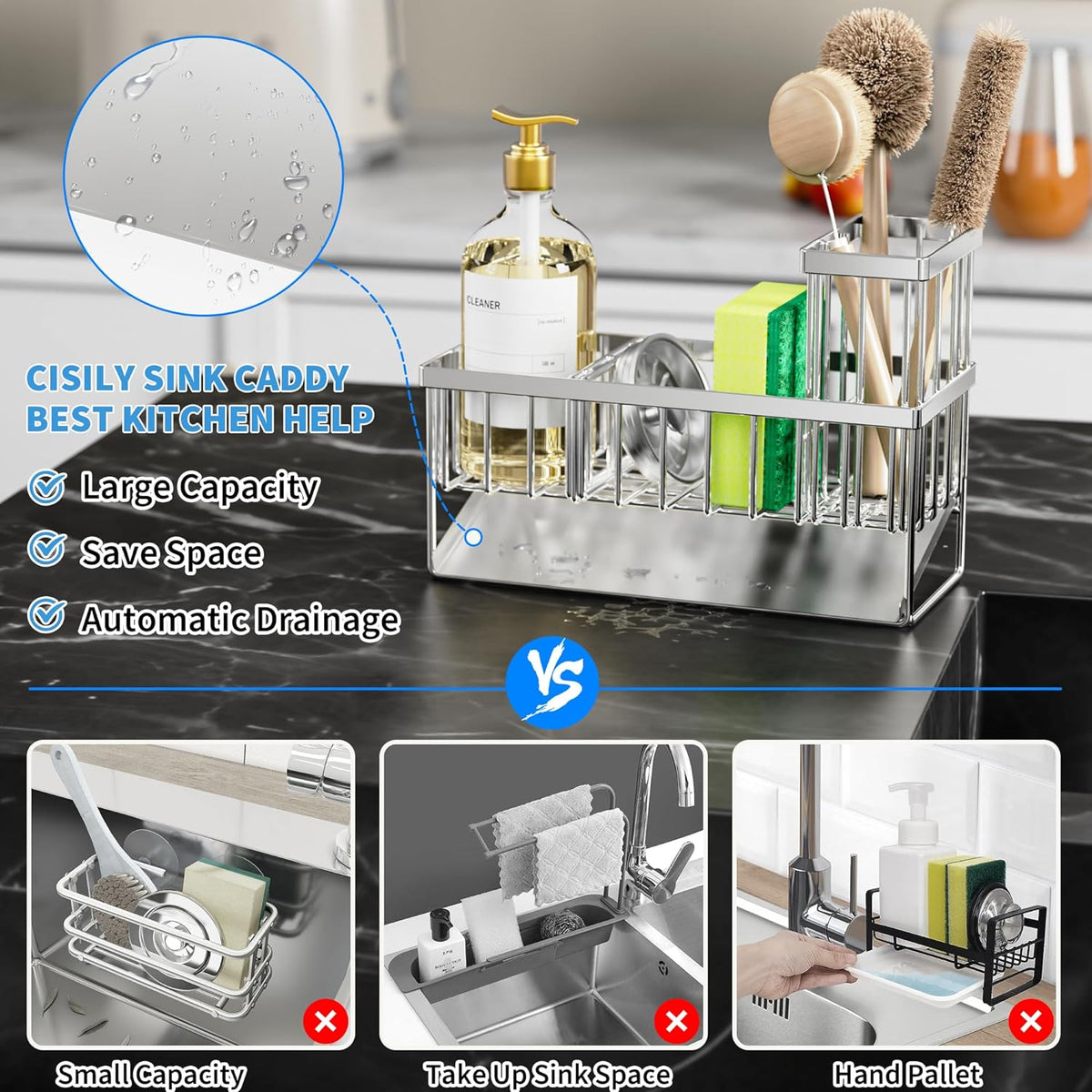 Cisily Sink Caddy Sponge Holder for Kitchen, 304 Stainless Steel Rustproof, Kitchen Sink Caddy with
