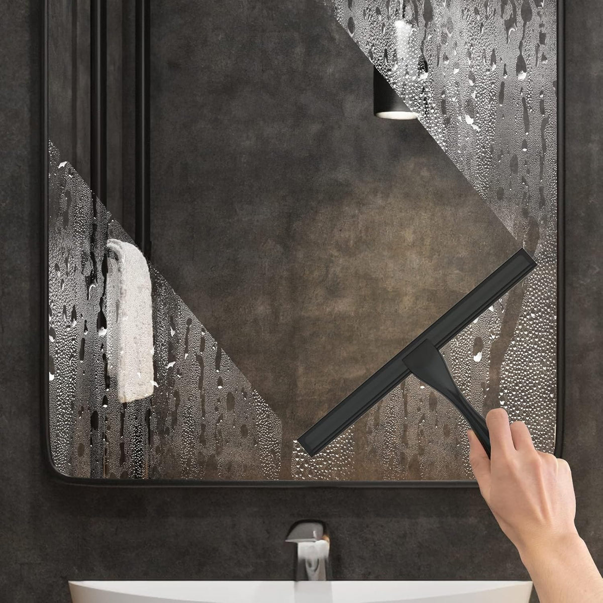 All-Purpose Stainless Steel Shower Squeegee for Shower Doors with 2 Adhesive Hooks, Bathroom
