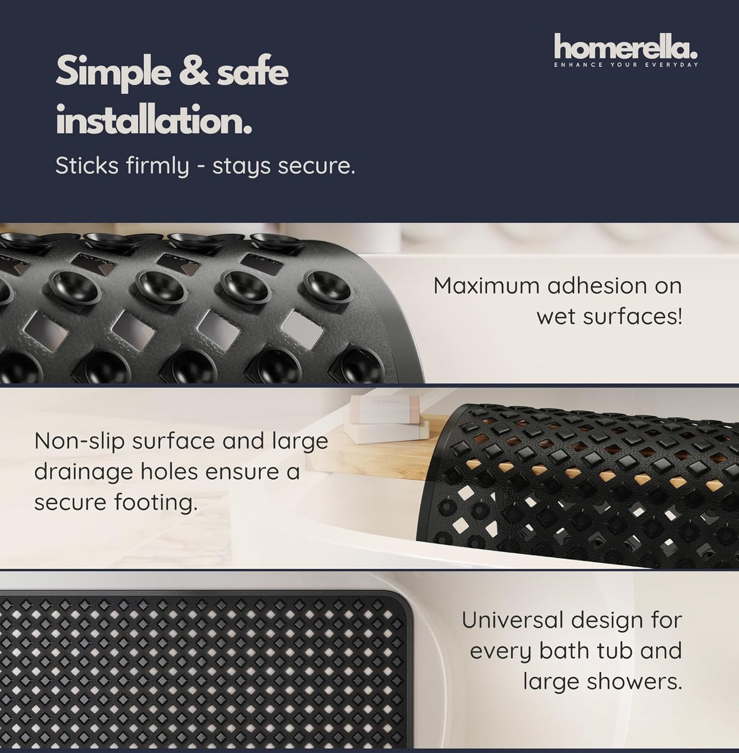 homerella® Bathtub Mat Non Slip 35x16, Incl. Hooks for Drying, Extra Long, 100% BPA Free, Shower