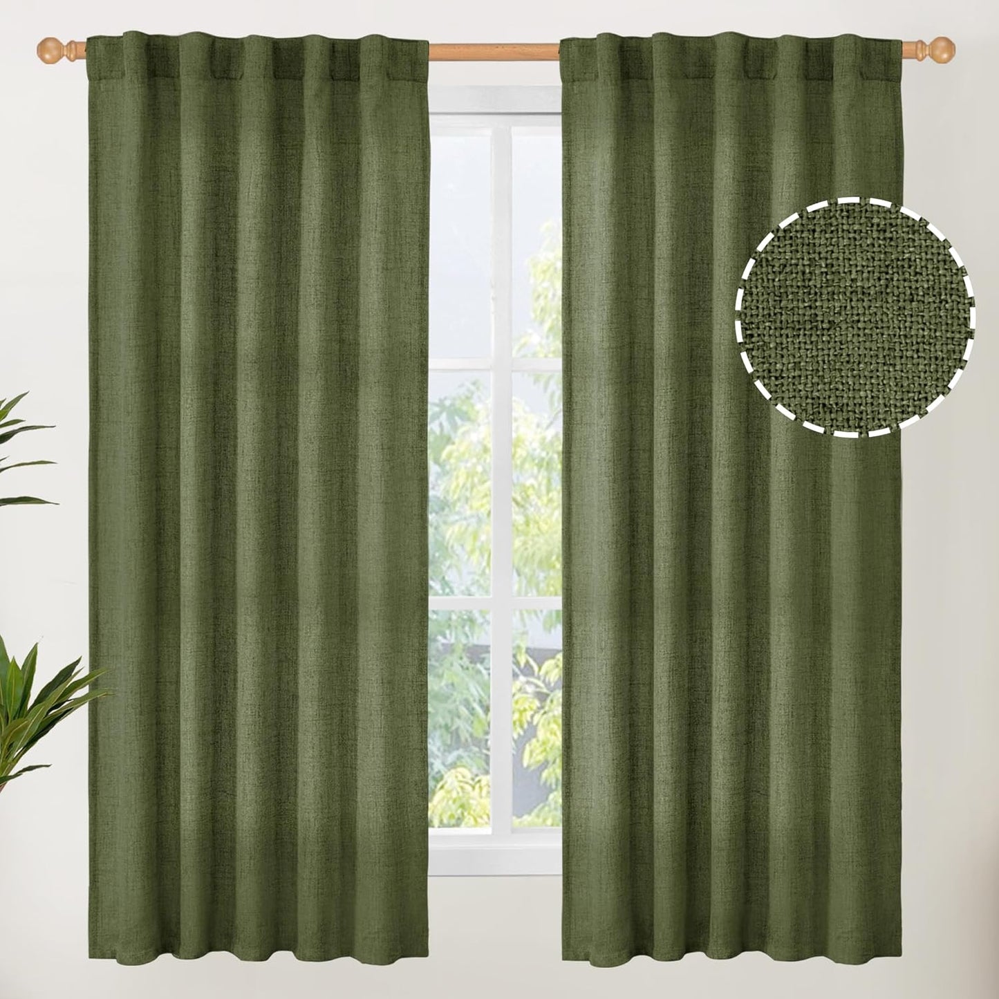 YoungsTex Olive Green Linen Curtains 63 Inch Length for Living Room, Rod Pocket Back Tab Light