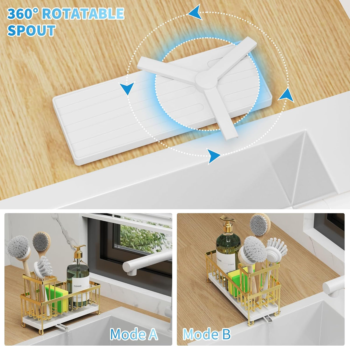Cisily Gold Sponge Holder for Kitchen Sink, Sink Caddy Organizer with High Brush Holder, Kitchen
