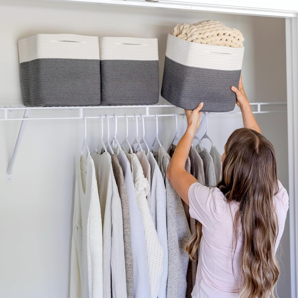 NaturalCozy Storage Cubes 11 Inch Cotton Rope Woven Baskets for Organizing, 3-Pack | Cube Storage