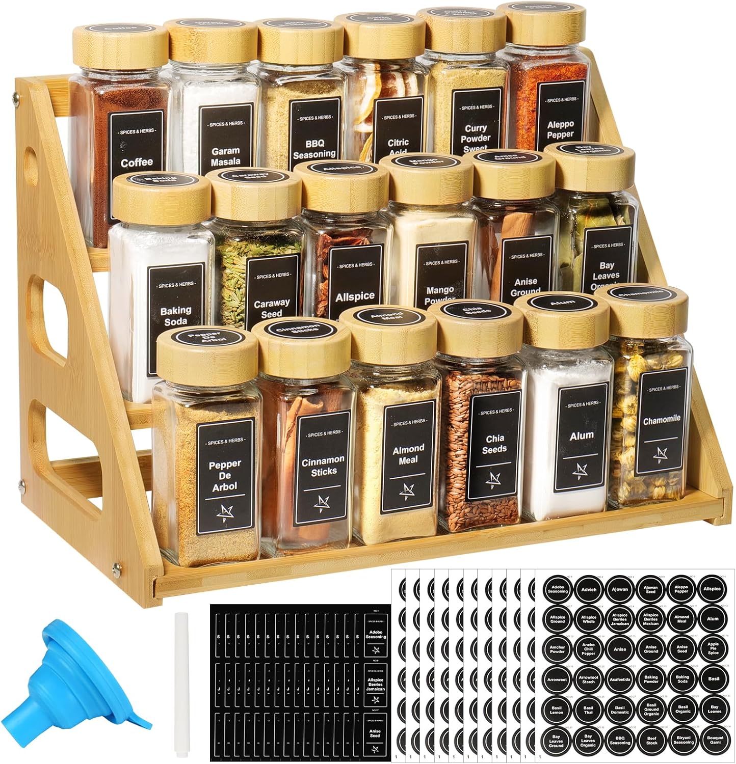 3 Tier Bamboo Spice Rack Organizer with 18 Spice Jars, 780 Labels, Wood Shelf, Chalk Marker and