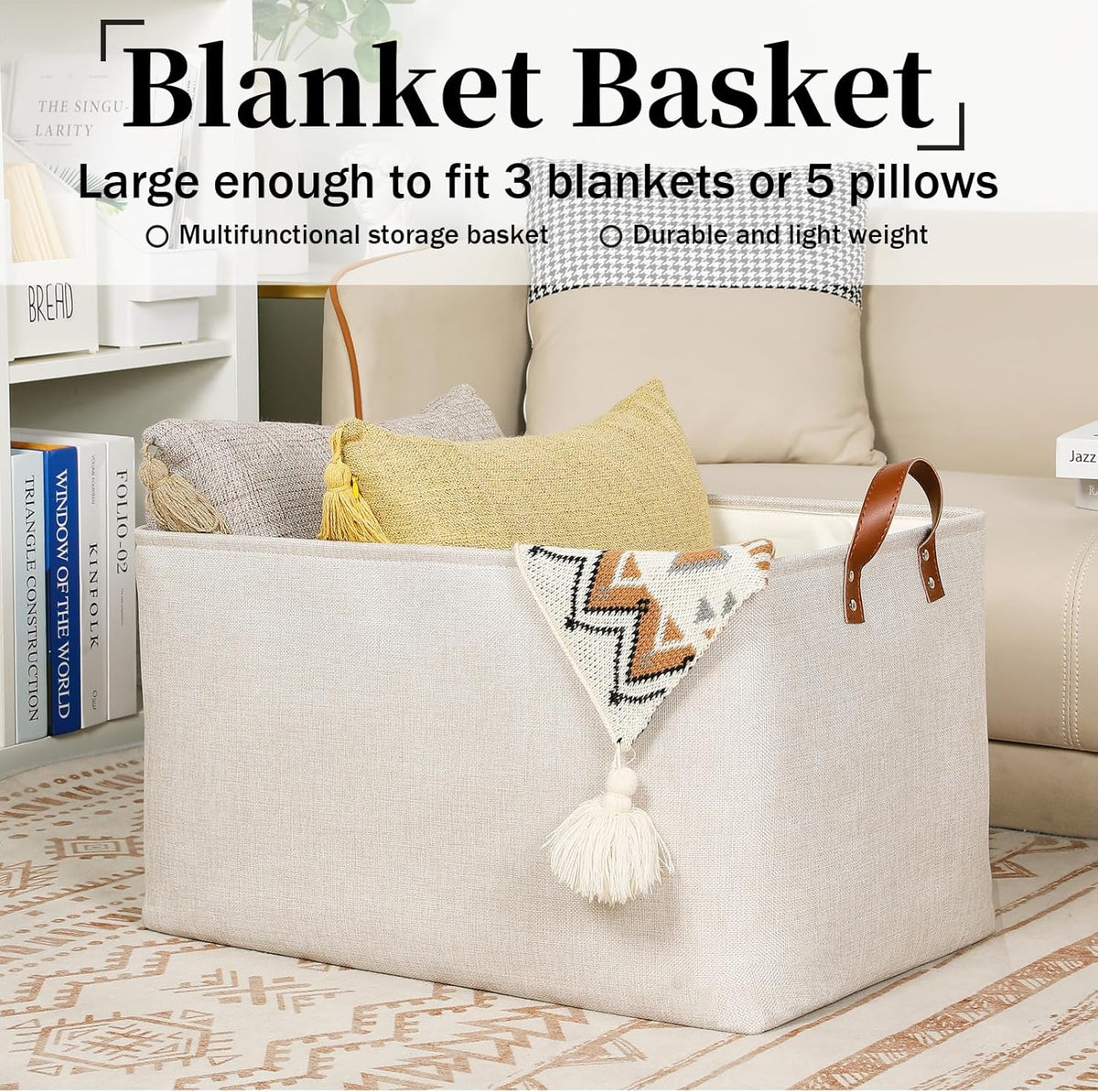 DULLEMELO Beige Storage Baskets for Organizing, Set of 2 Extra Large Canvas Fabric Storage Baskets
