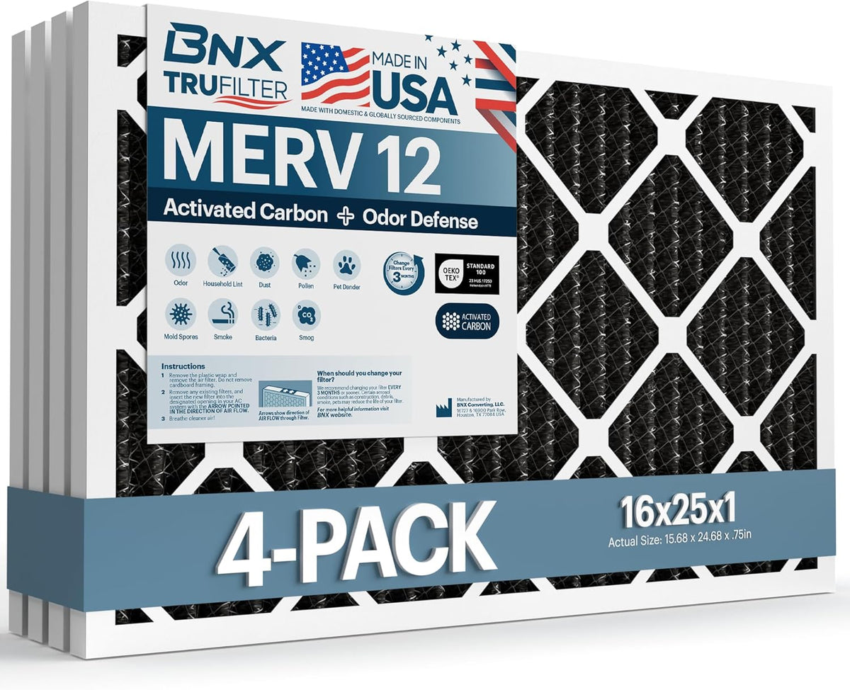 BNX TruFilter 16x25x1 MERV 12 Odor Defense (4-Pack) AC Furnace Air Filter with Activated Carbon