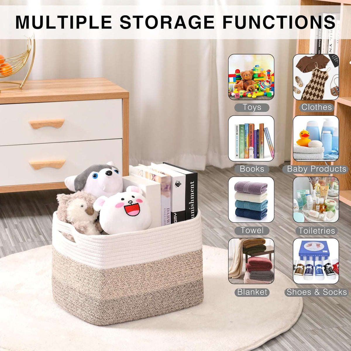 Storage Baskets for Organizing Shelves, Woven Cotton Rope Bins for Baby Nursery Organization, Book