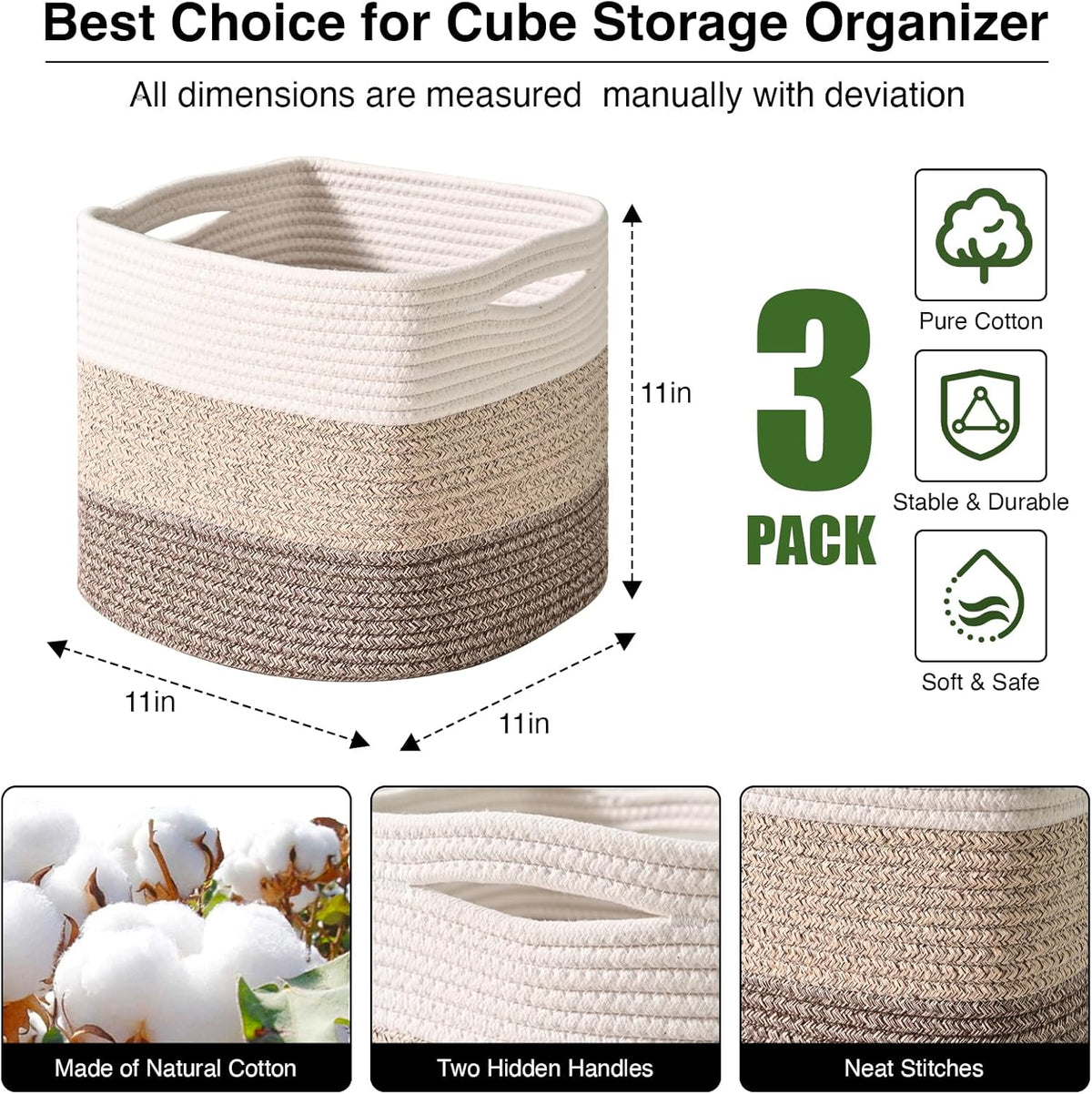 11 Inch Cube Storage Bins, Storage Cube Organizer Bins, Woven Cotton Rope Baskets for Storage