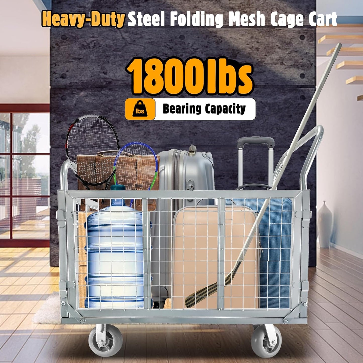 Platform Truck Cart with Cage, 6 in1 Foldable Flatbed Cart Heavy Duty Push Cart Dolly W/Swivel
