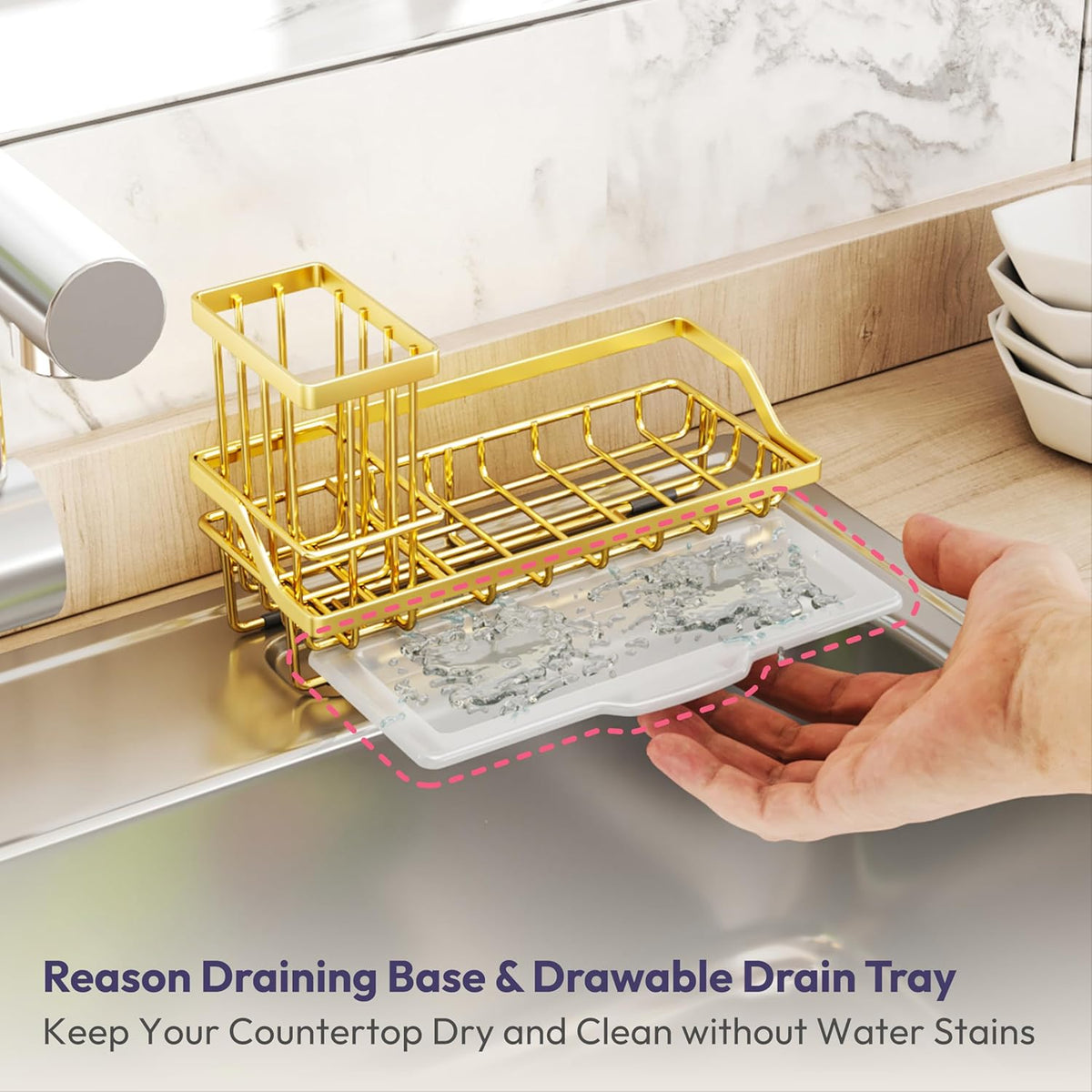 SWTYMIKI Sink Caddy Kitchen Sink Organizer with Detachable Brush Holder, Stainless Steel Sponge