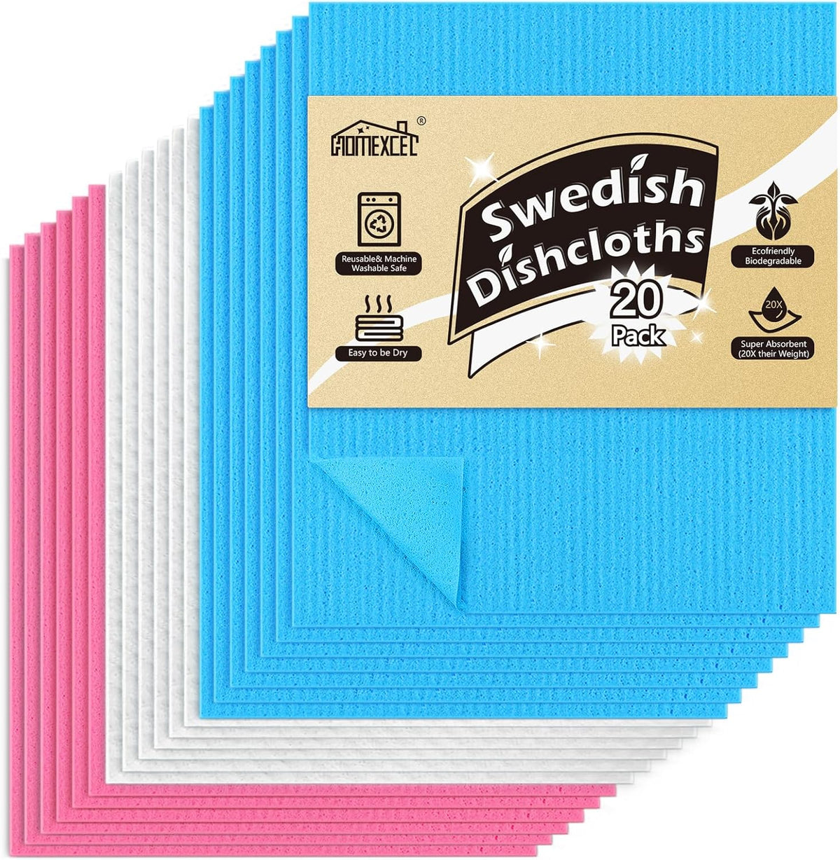 HOMEXCEL Swedish Dishcloths for Kitchen, 20 Pack Reusable Sponge Dish Cloth for Kitchen and
