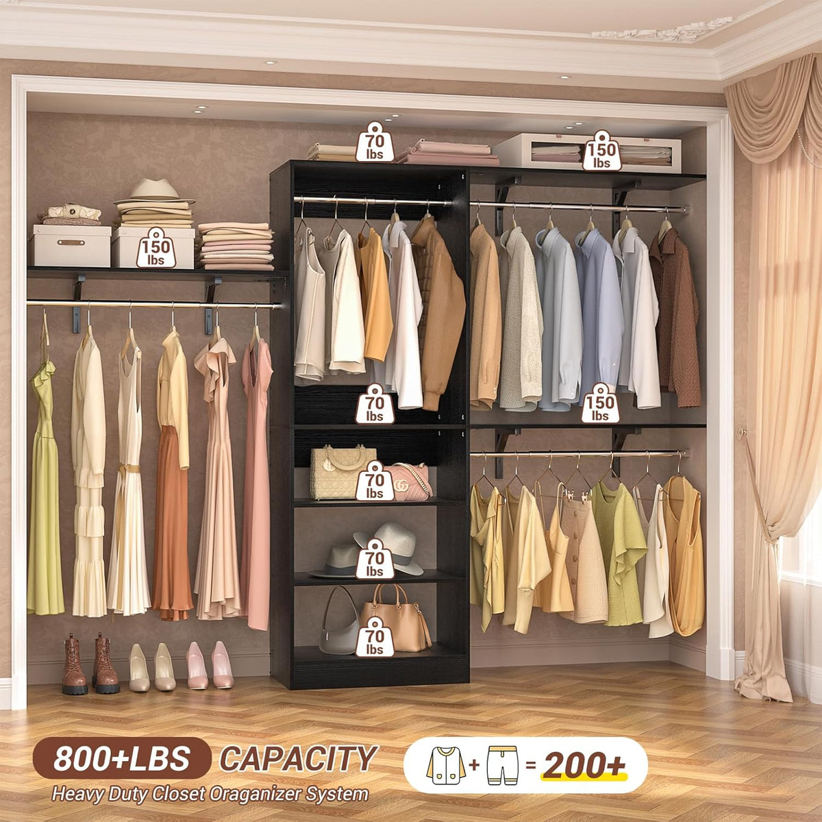 8FT Closet System with Shelves, 96'' Closet Organizer System with 3 Hanging Rods, Wall Mount