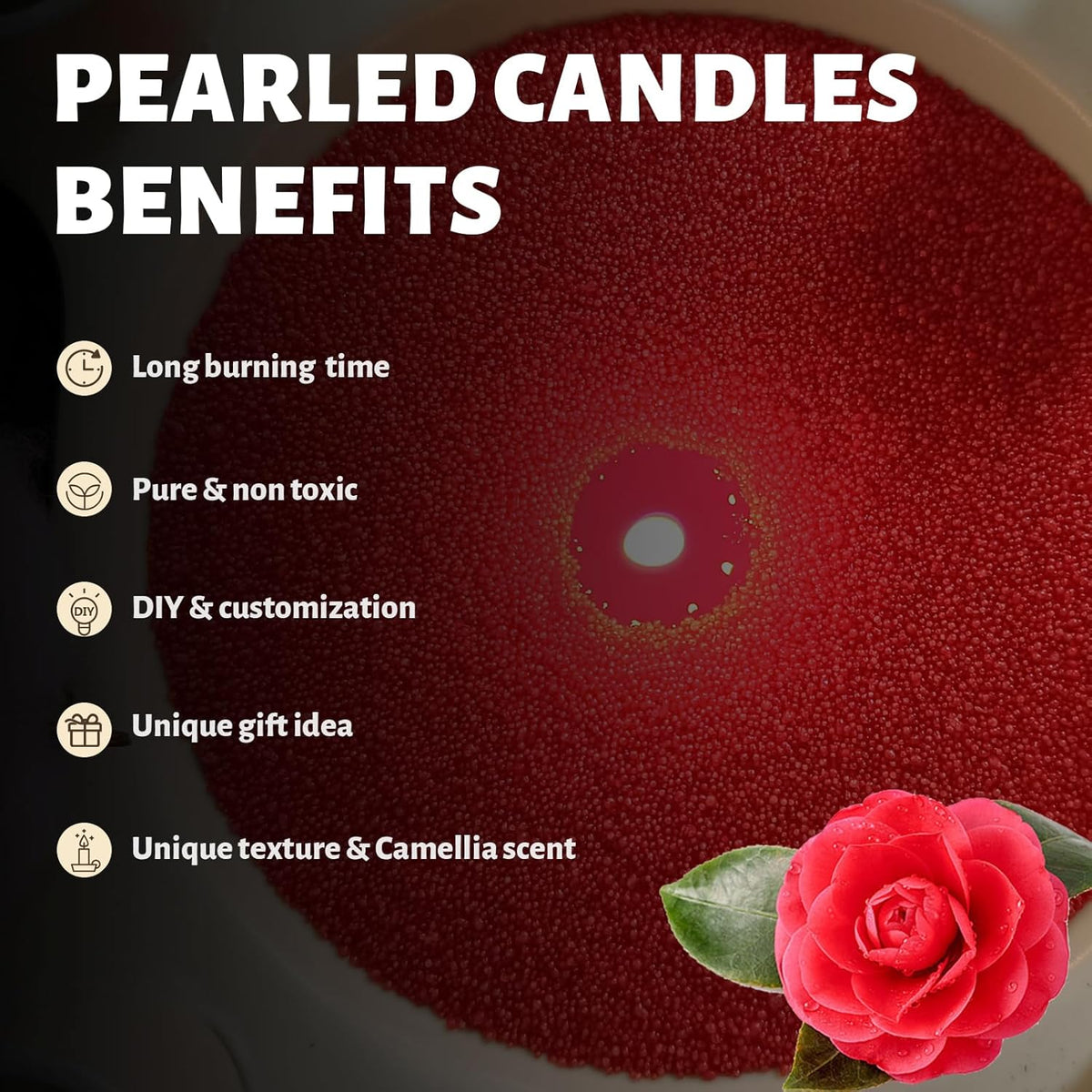 Camellia Scented Red Pearled Candle 18oz Luxury Sand Candle Granulated Wax - 30 Cotton Wicks - Wax