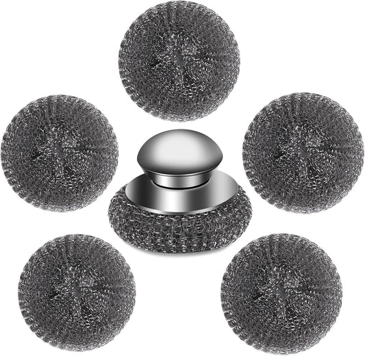 6Pcs Steel Wool Scrubber with Replacement Wire Pads Set, Stainless Steel Scrubber with Handle for