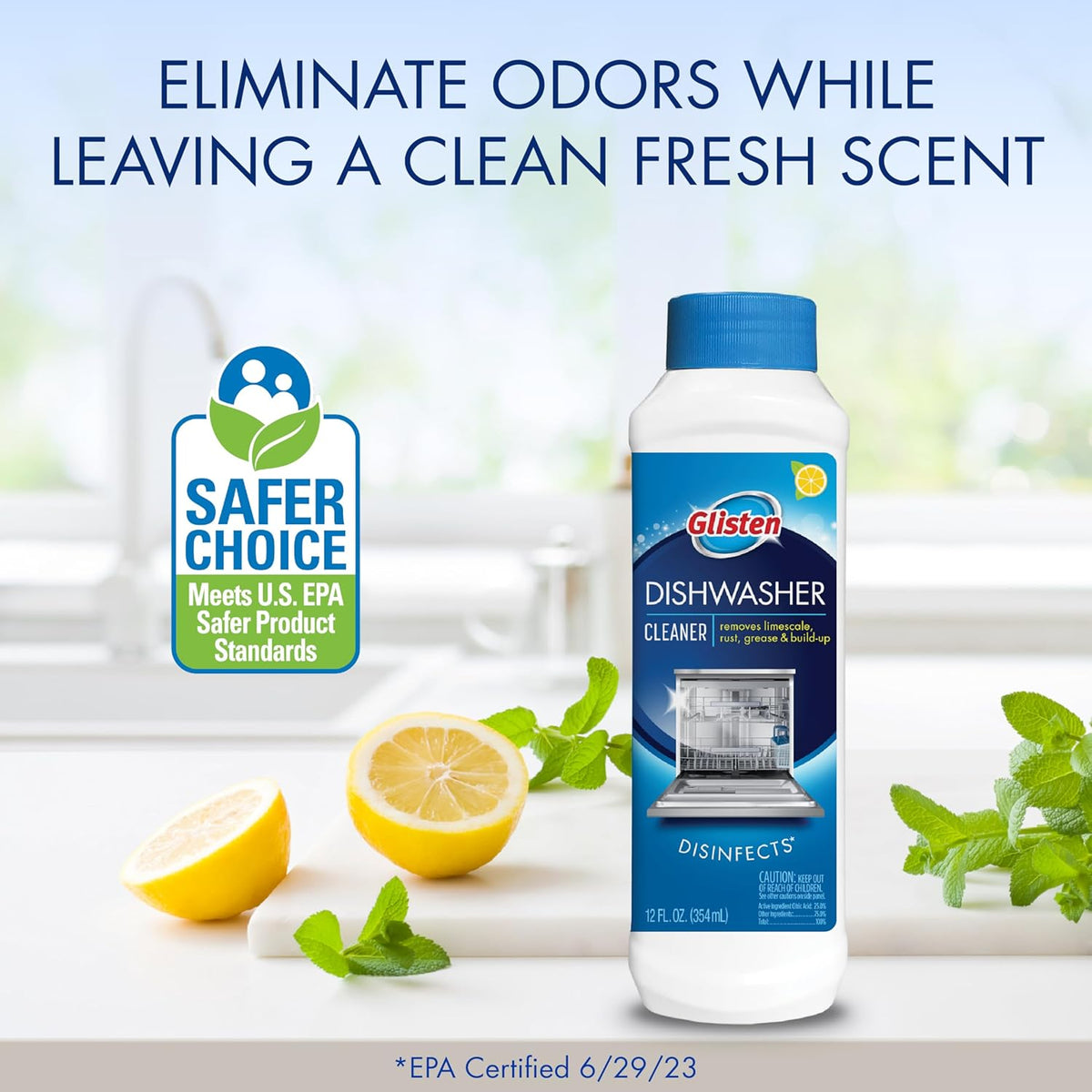 Glisten Dishwasher Cleaner, Removes Limescale, Rust, Buildup, and Grease, Lemon Scent, Made in the