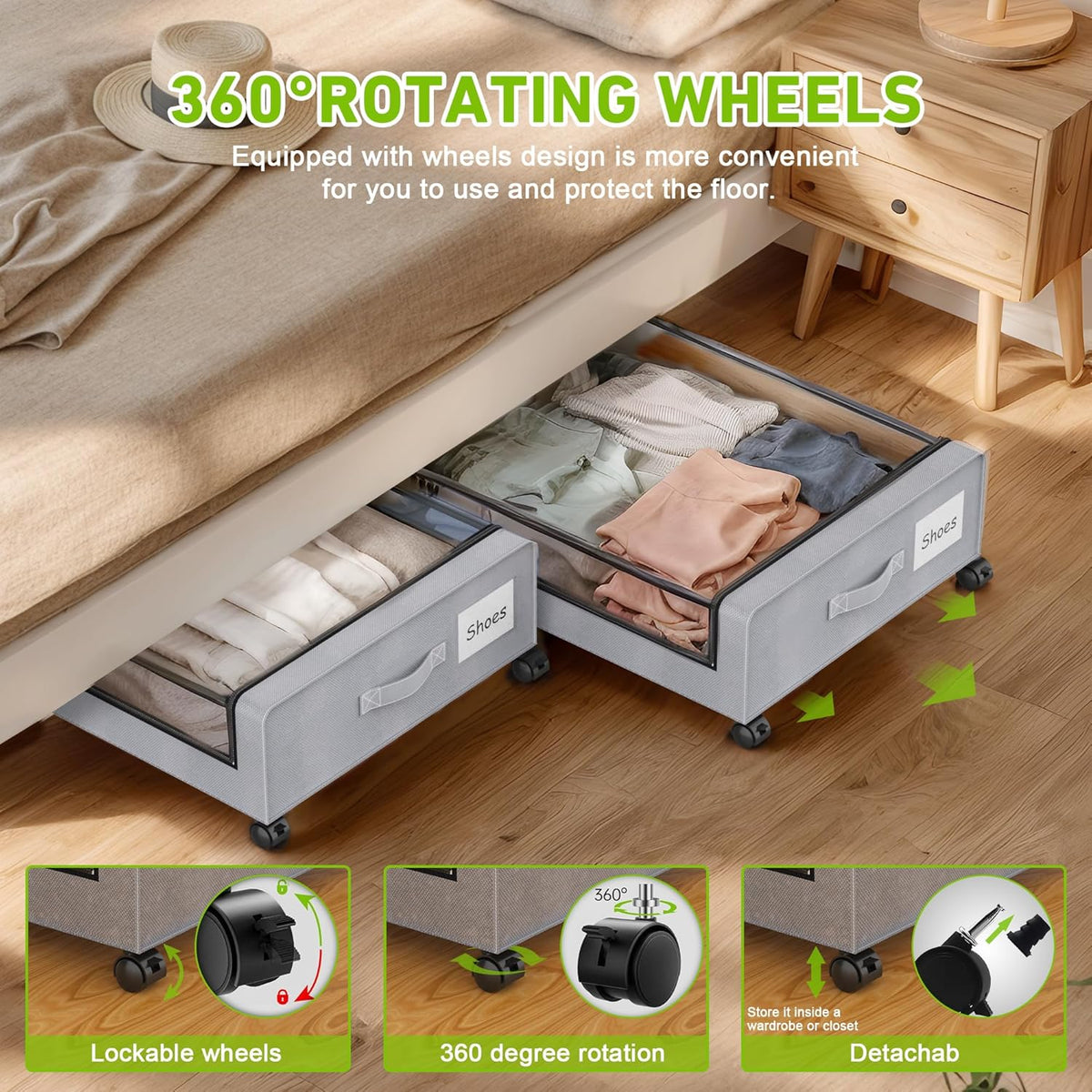 Under Bed Storage with Wheels, 2-Pack Under the Bed Storage Containers with Clear Lids & Label