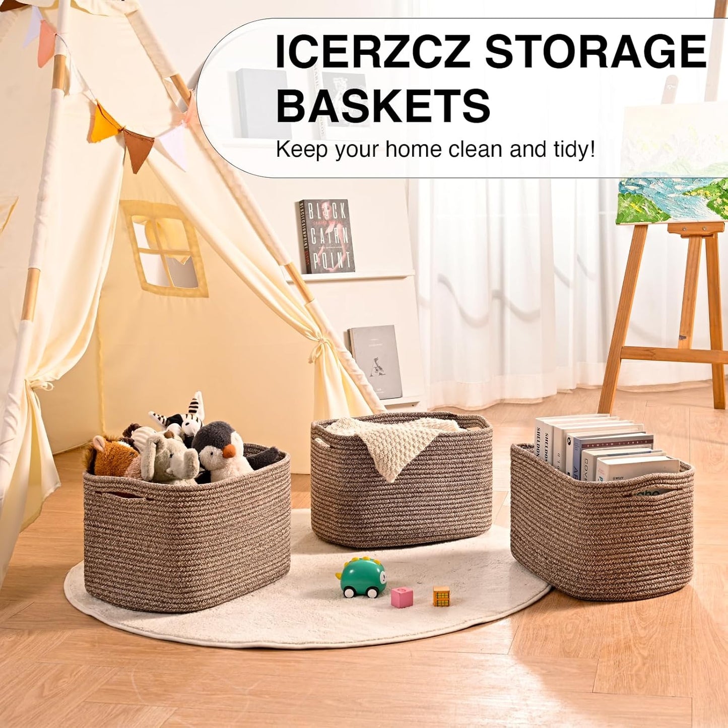 Storage Baskets for Organizing Shelves, Woven Cotton Rope Bins for Baby Nursery Organization, Book