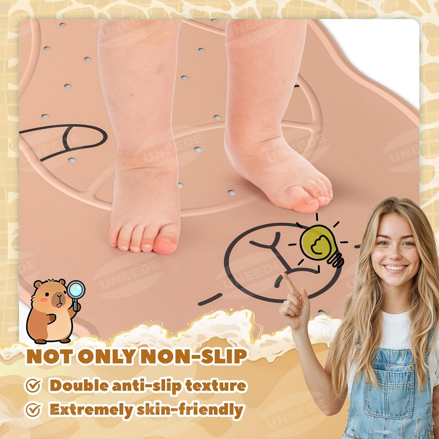 UNEEDE Kids Bathtub Mat Non Slip Shower Mat for Toddlers, Washable Anti Slip Tub Surface, Soft