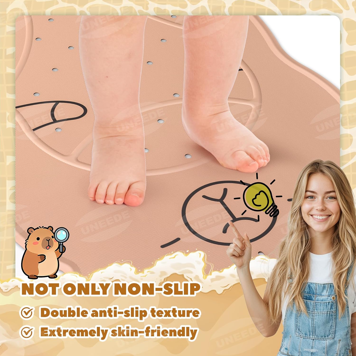 UNEEDE Kids Bathtub Mat Non Slip Shower Mat for Toddlers, Washable Anti Slip Tub Surface, Soft