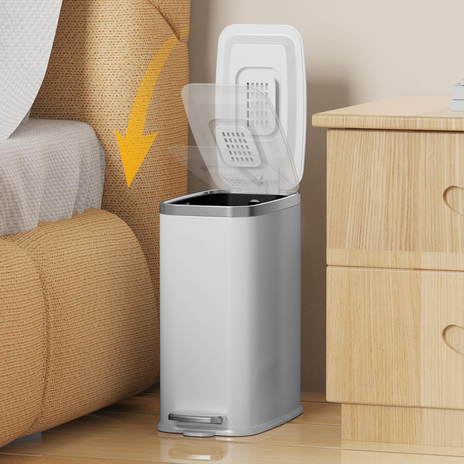 Stainless Steel Bathroom Trash Can with Lid Soft Close,1.6 Gallon Slim Garbage can,Small Metal Step