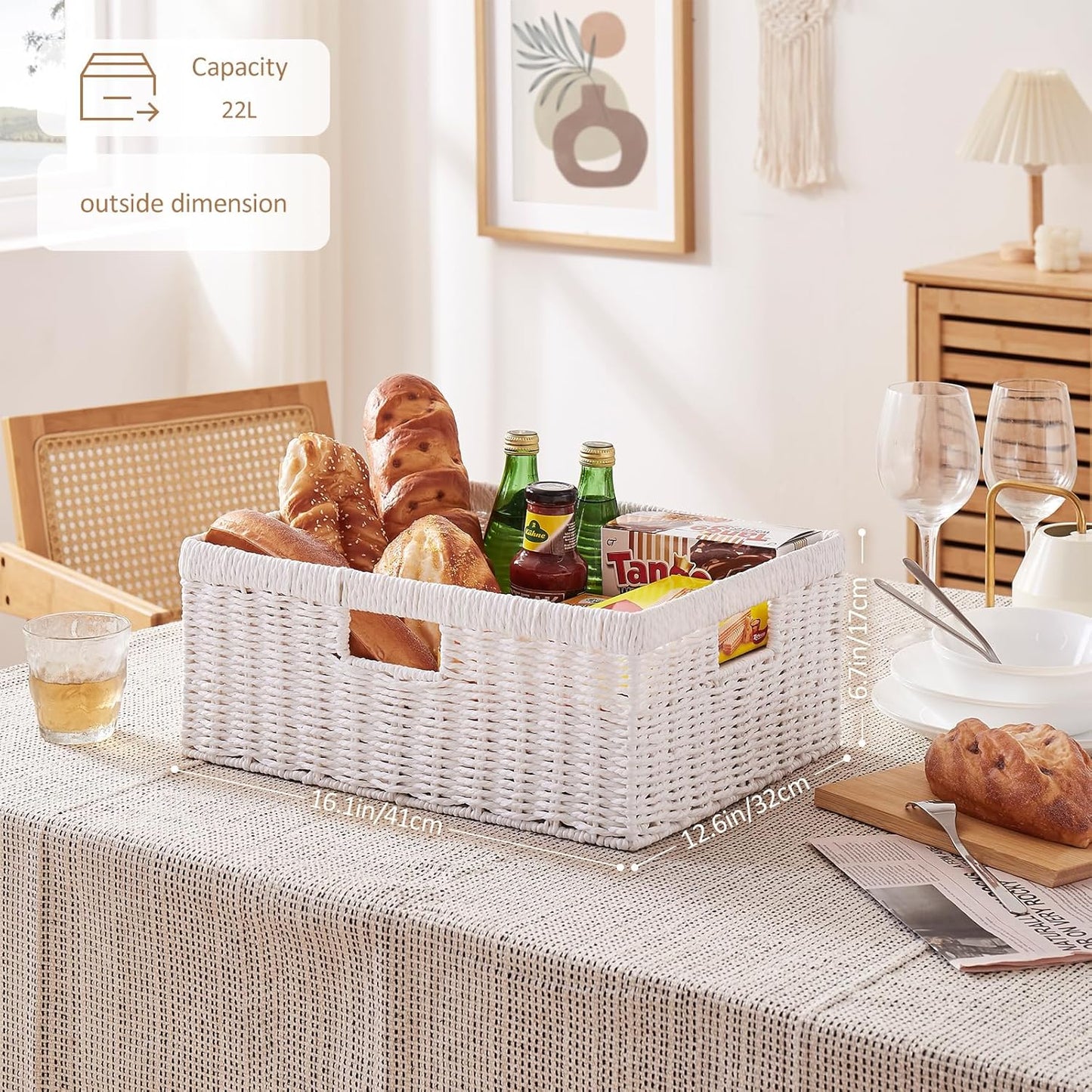 OIAHOMY Wicker Basket, Paper Shelf Basket with Built-in Handles, Rectangular Wicker Storage Bin for