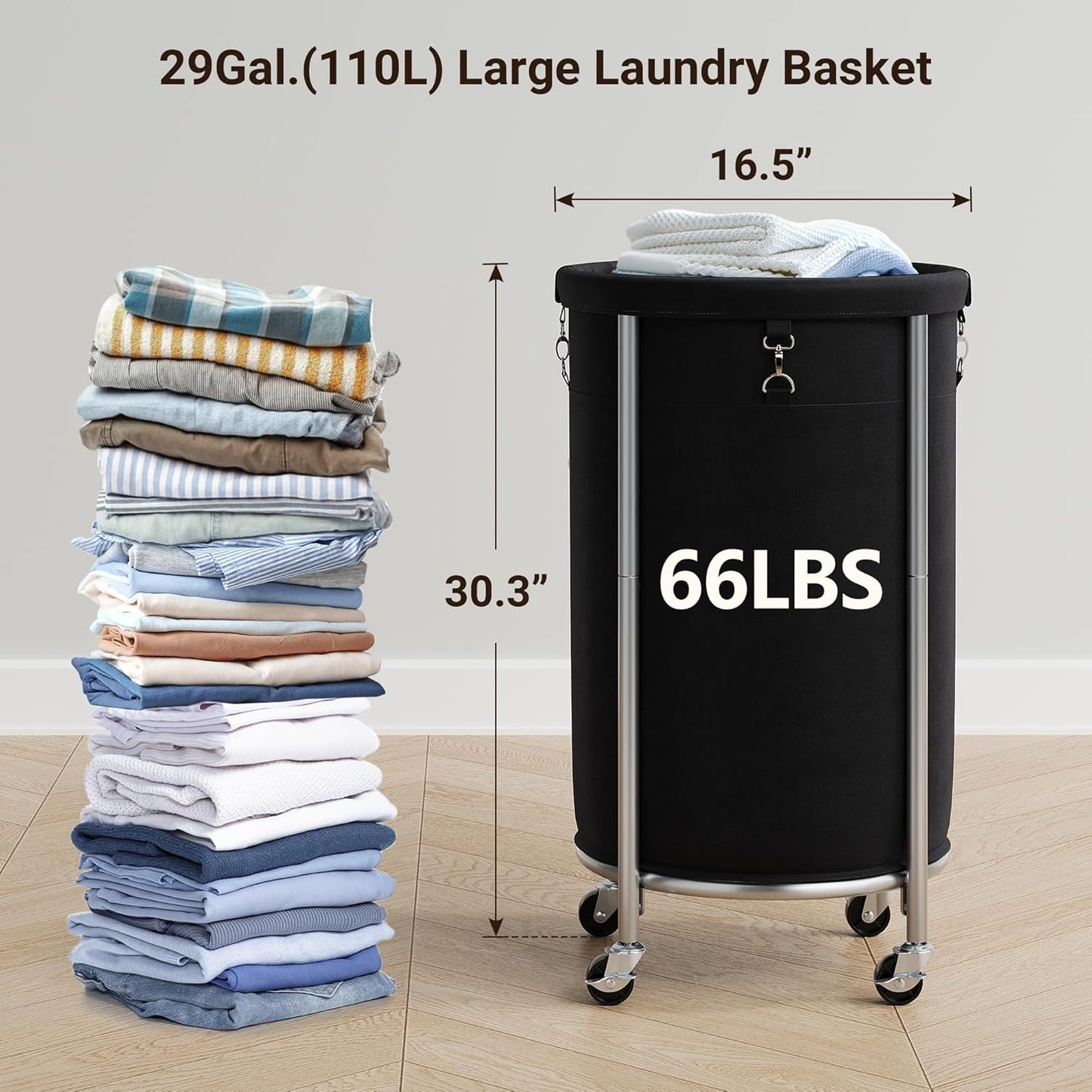 ELYKEN Laundry Hamper with Wheels, 110L Rolling Laundry Basket, Round Laundry Cart with Steel Frame