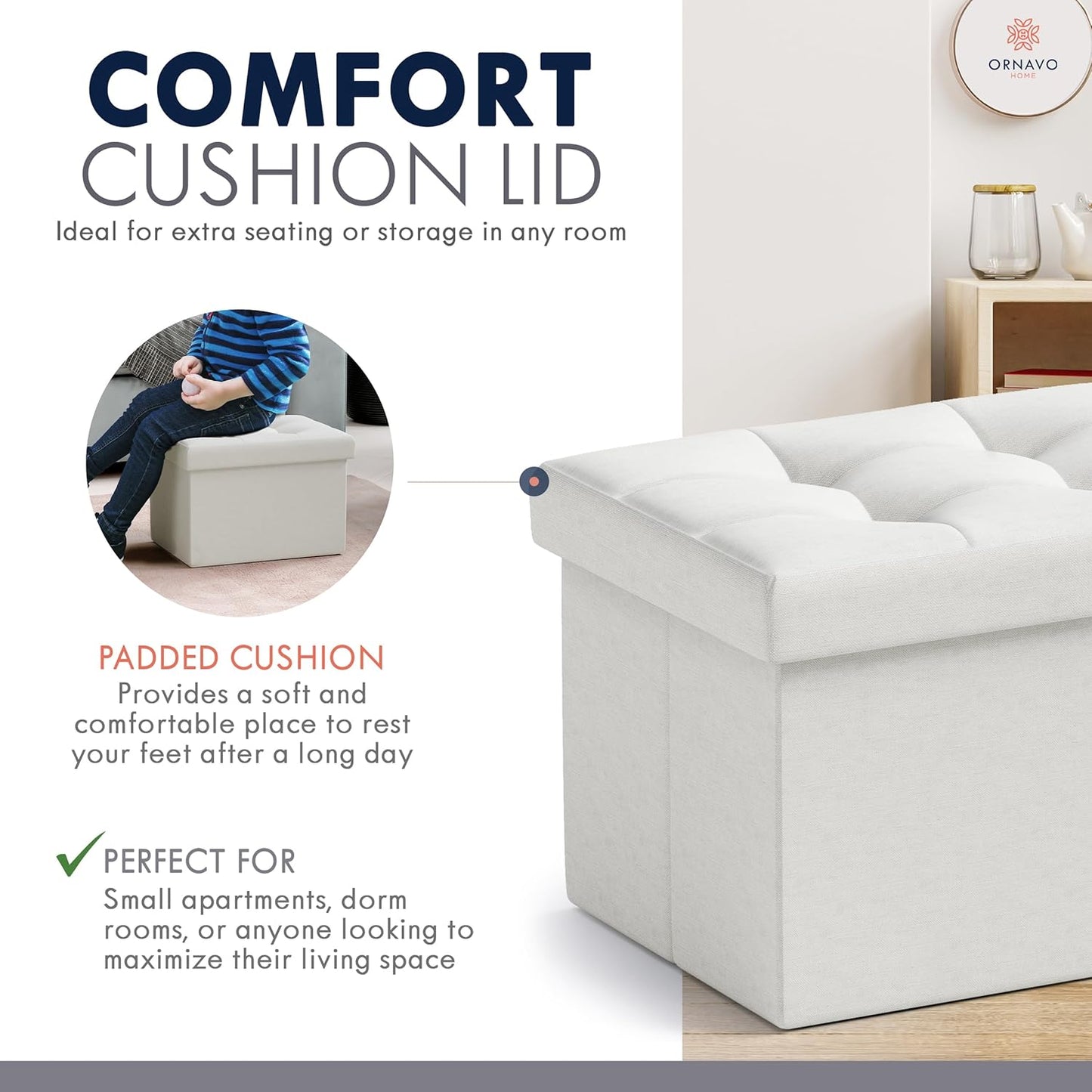 Ornavo Home Small Storage Ottoman Foldable Collapsible Rectangle Linen Ottoman Foot Rest Stool