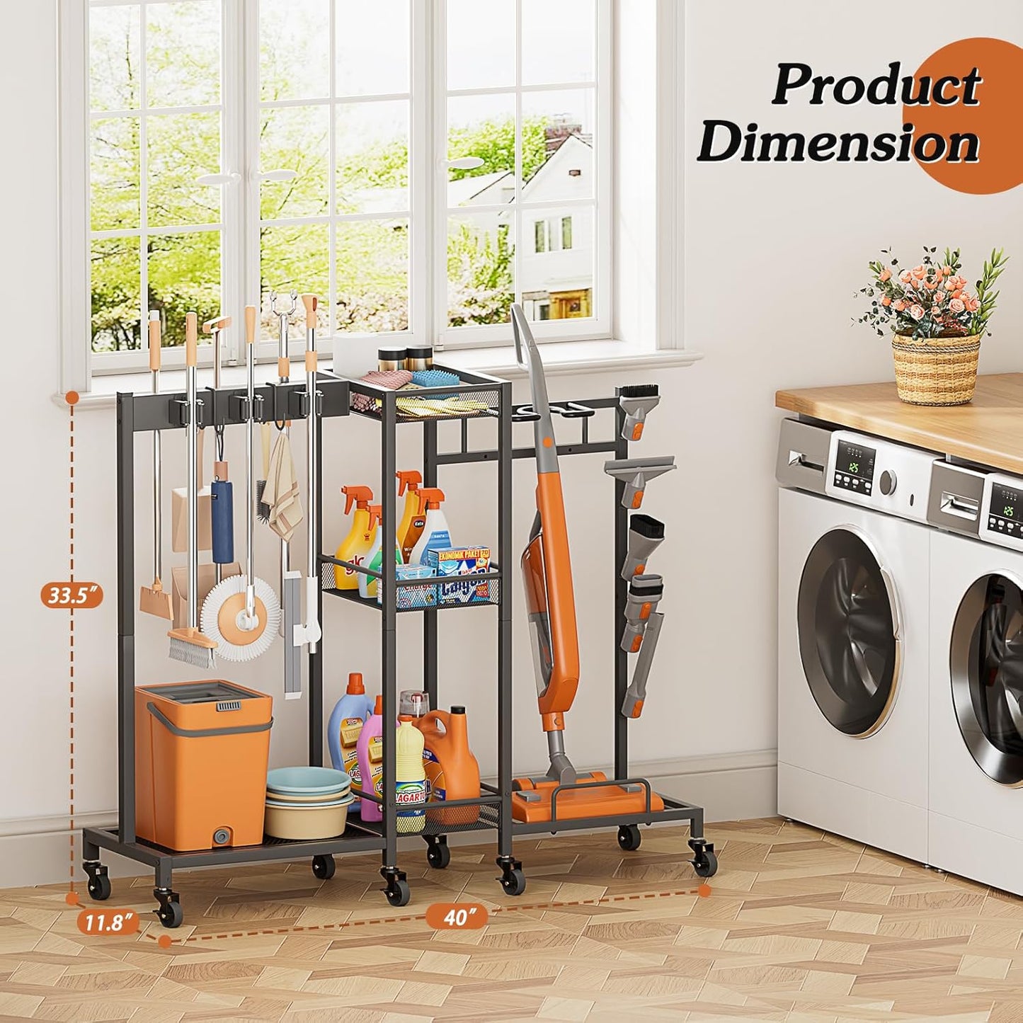 Broom Holder with Cleaning Supplies Organizer, Broom Closet Storage Cabinet with Cleaning Caddy
