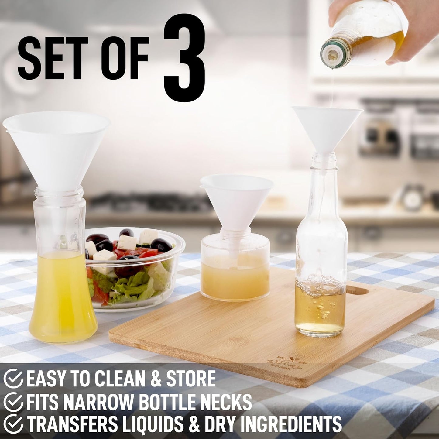 Zulay Kitchen 3-Piece Plastic Funnel Set - Large, Medium, and Small Kitchen Funnels Pouring Spout