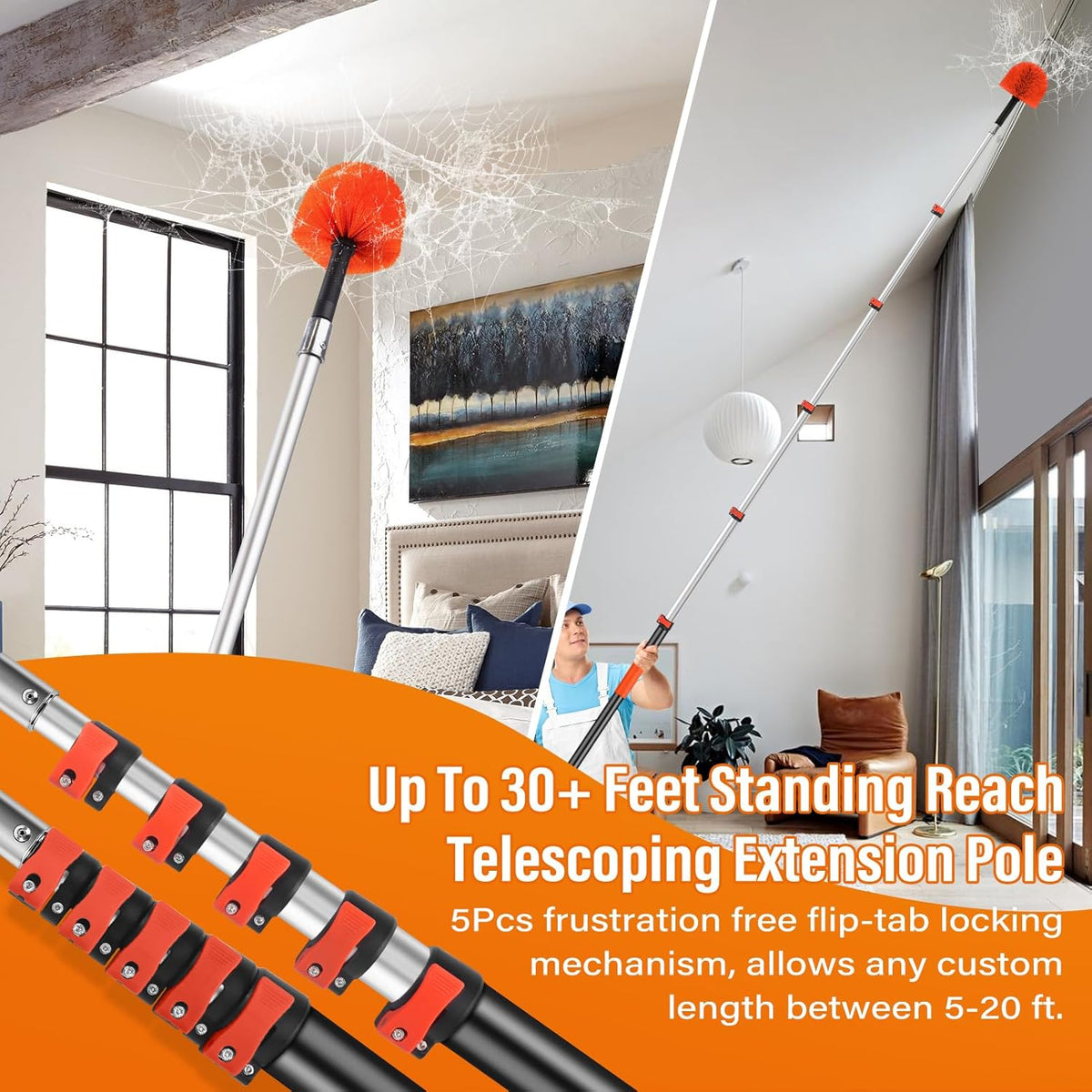 30FT Reach Cobweb Duster with Extension Pole,Spider Web Brush for Cleaning with 5-24FT Telescoping