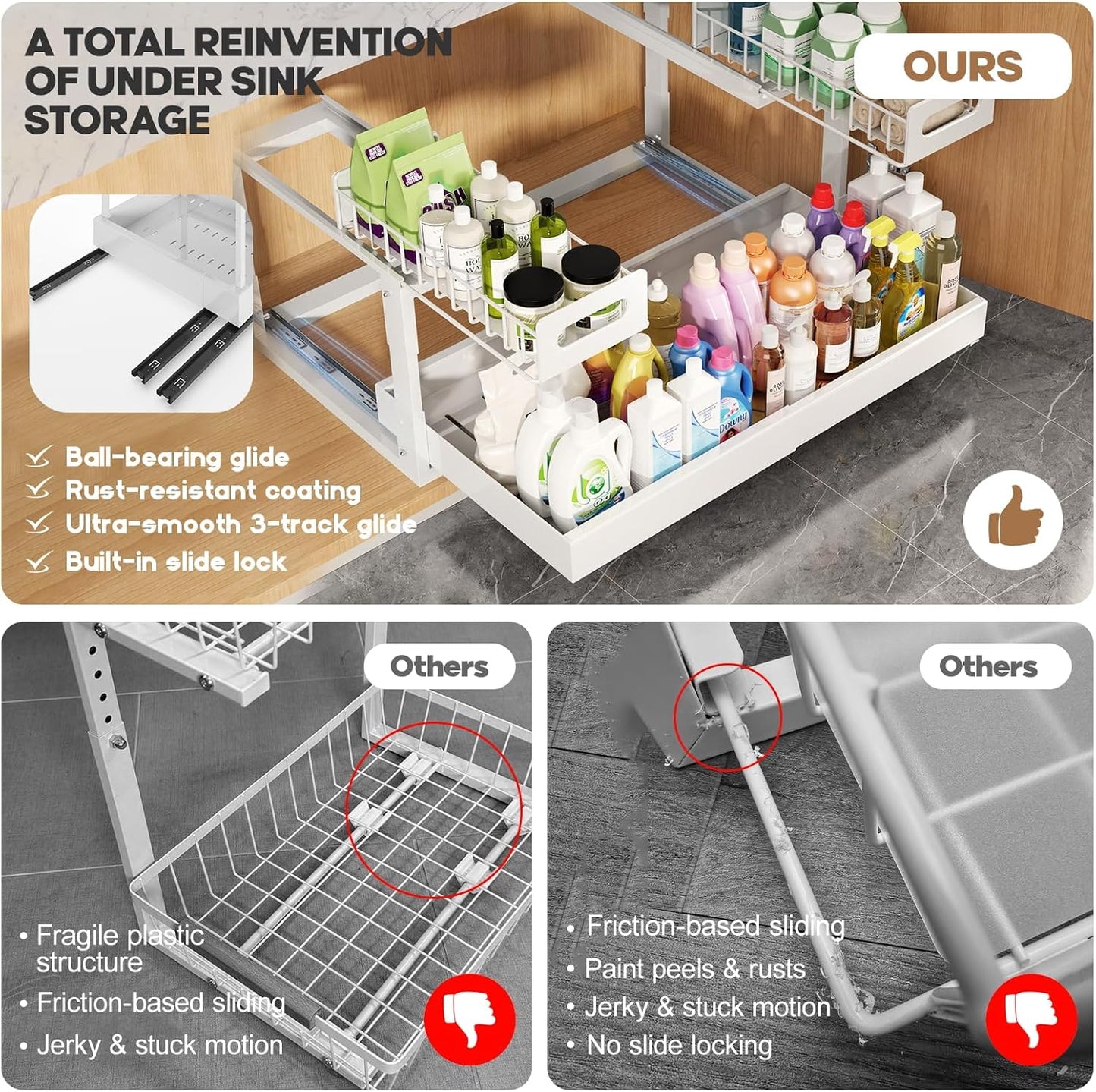 1 Pack-15.7"-25.7"W Expandable Under Sink Organizer With Upgrade Ball-Bearing Slide,2-Tier Pull Out