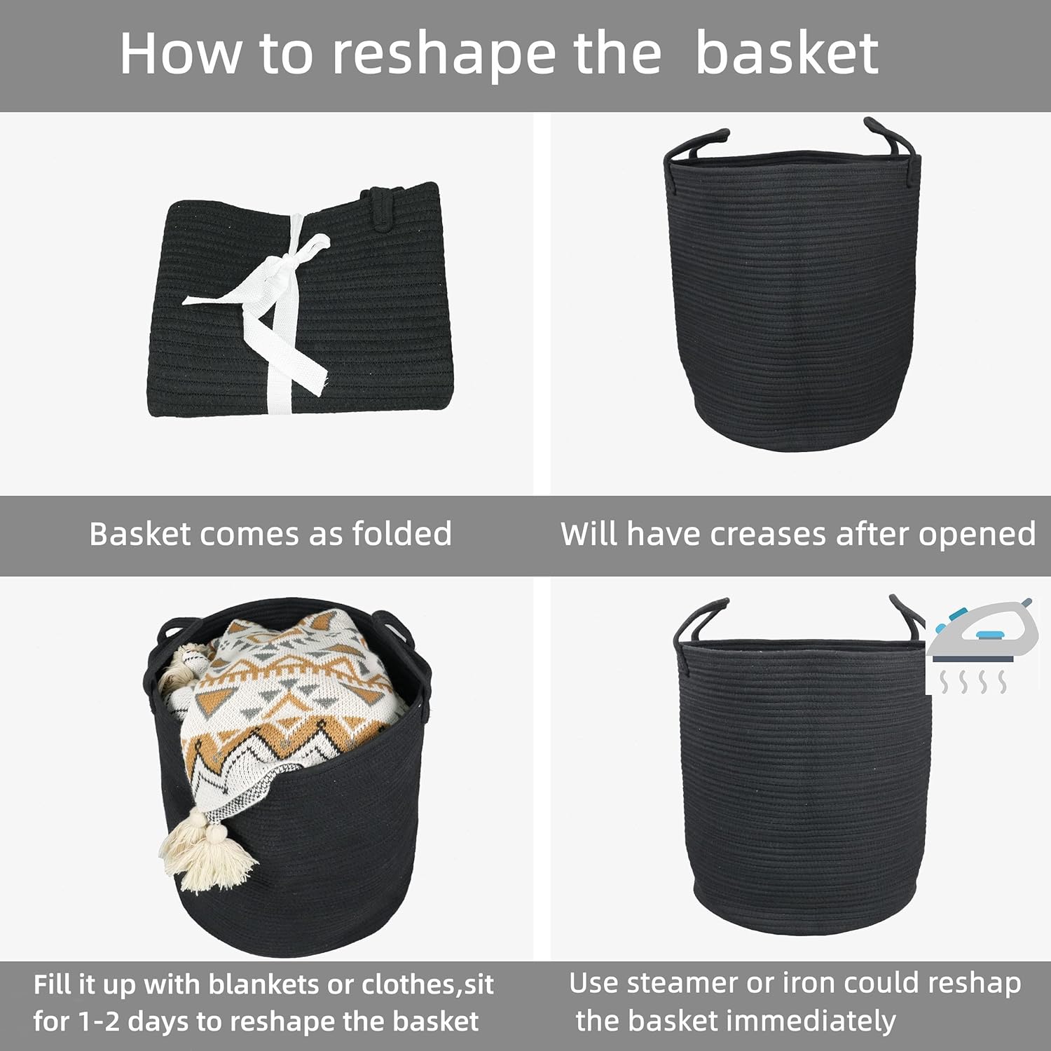 Black Cotton Rope Laundry Basket Hamper for Clothes Woven Storage Basket for Living Room Bedroom