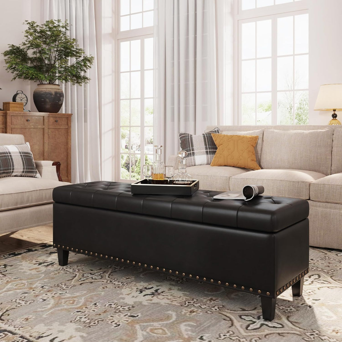 Storage Ottoman Bench, 51-Inch Large Storage Bench for Bedroom End of Bed, 30 Gallons Faux Leather